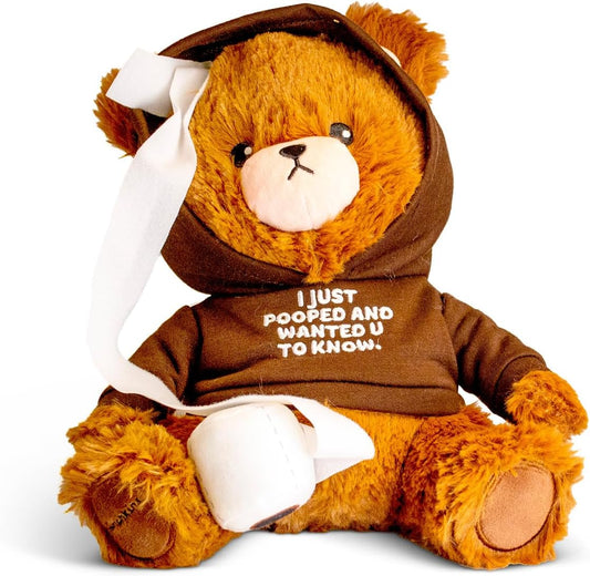 Just Pooped Unbearable Plushie, Comical Plush Teddy Bear Collectible, Funny Pun Meme Gag Gift, White Elephant, Stocking Stuffer,Emotional Support, Fun Desk Accessory, Weighted Base for Display