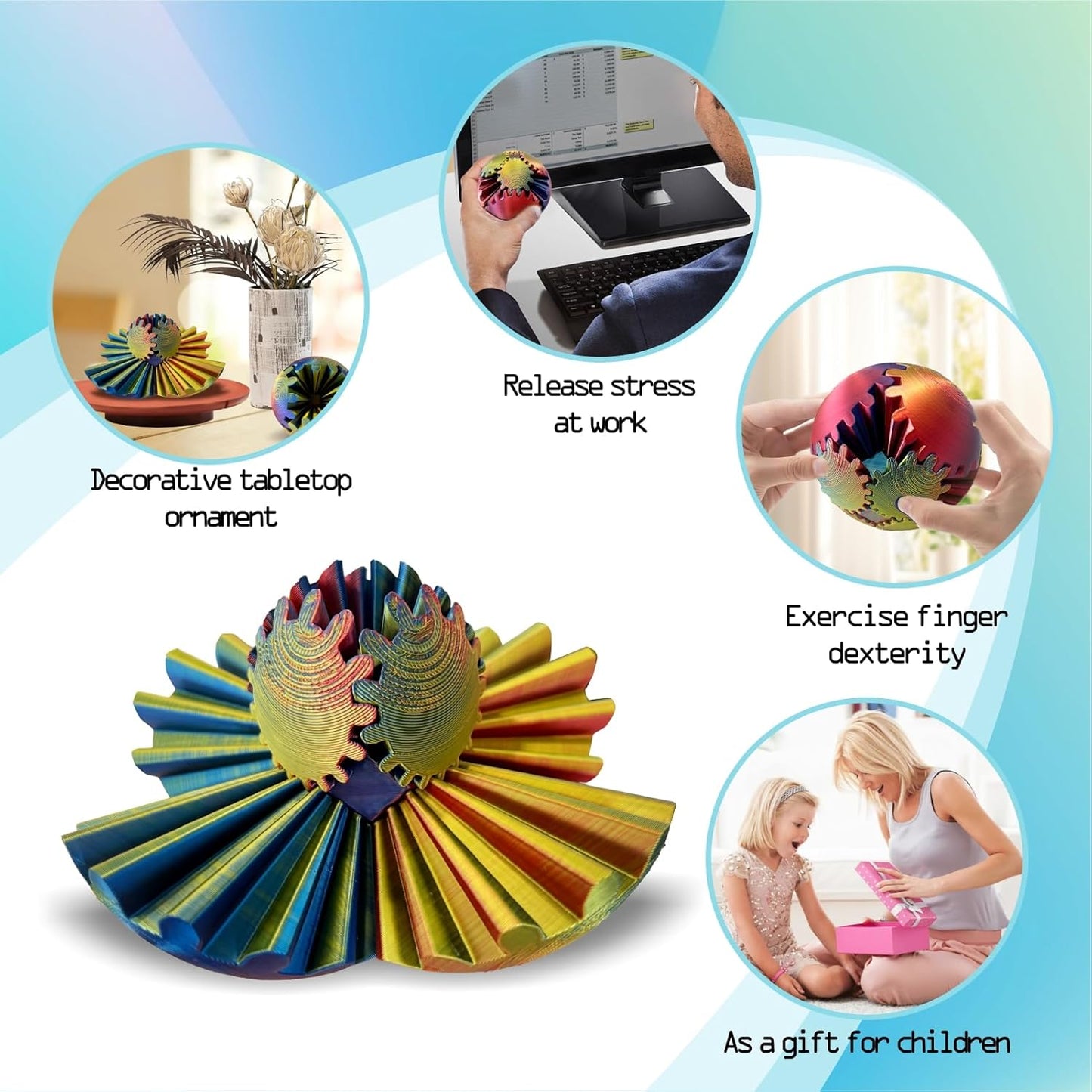 Gear Ball - GearSphere Fidget Toy, 3D Printed Gear Ball Spin Ball Cube Desk Toy, 2024 Gear Sphere Cube Puzzlefor Adults Kids, Stress and Anxiety Relaxing Fidget Toy (Red-Yellow-Blue)