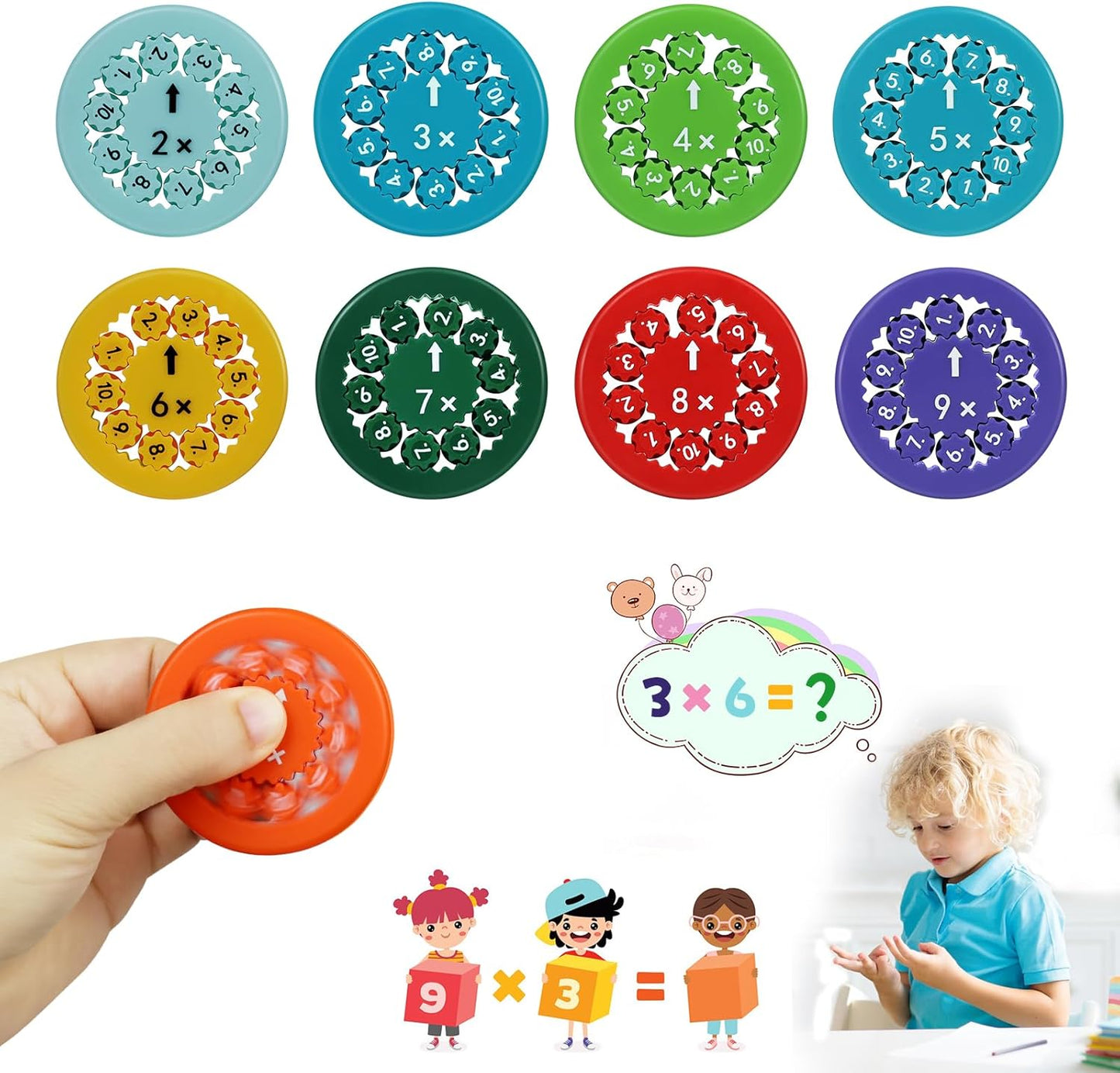 Math Fidget Spinner,9pcs Double Side Math Fidget Toy Multiplication&Division, New Math Facts Fidget Spinners Toys Game for Kids Basic Arithmetic Learning & Education
