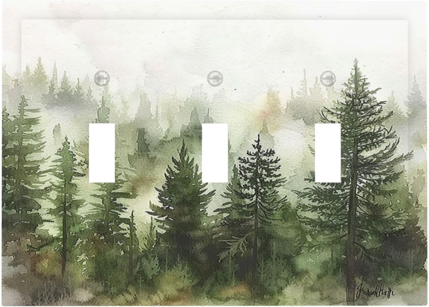 Decorative Switch Plates Green Forest Watercolor Painting Foggy Pine 3 Gang Wall Plate Triple Toggle Light Switch Cover Faceplate Electrical Wall Panels for Bedroom living Room Decor