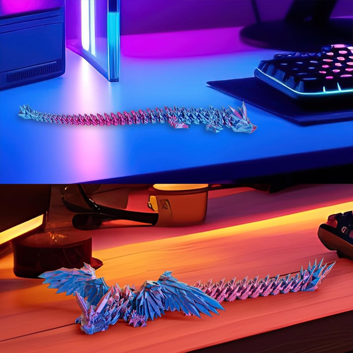 12“Crystal Dragon Without Wings & 9”Winged Articulated Dragon, 3D Printed Bulk Unique Funny Graduation Gifts for Kids, Executive Desk Fidget Toys Adults, Bath Pool water Toy (Gradient Deep Purple-Red)