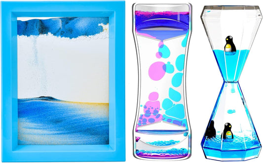 Liquid Motion Bubbler & Diamond Shaped Penguin Liquid Timer and Moving Sand Art Picture Pack of 3 Activity Calm Relaxing Desk Toys Voted Best Gift!
