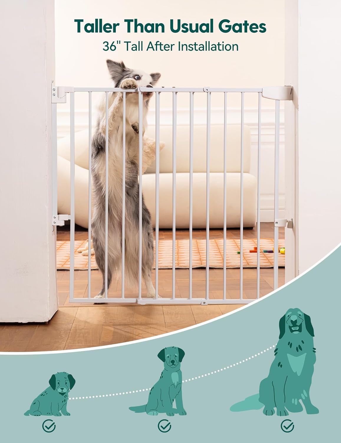 Babelio 34" Tall No Bottom Bar Baby/Dog Gate for Stairs, House and Doorways, 29.7-46.5" Auto Close Safety Pet Gates with Large Walk Thru Door, Hardware Mount, White