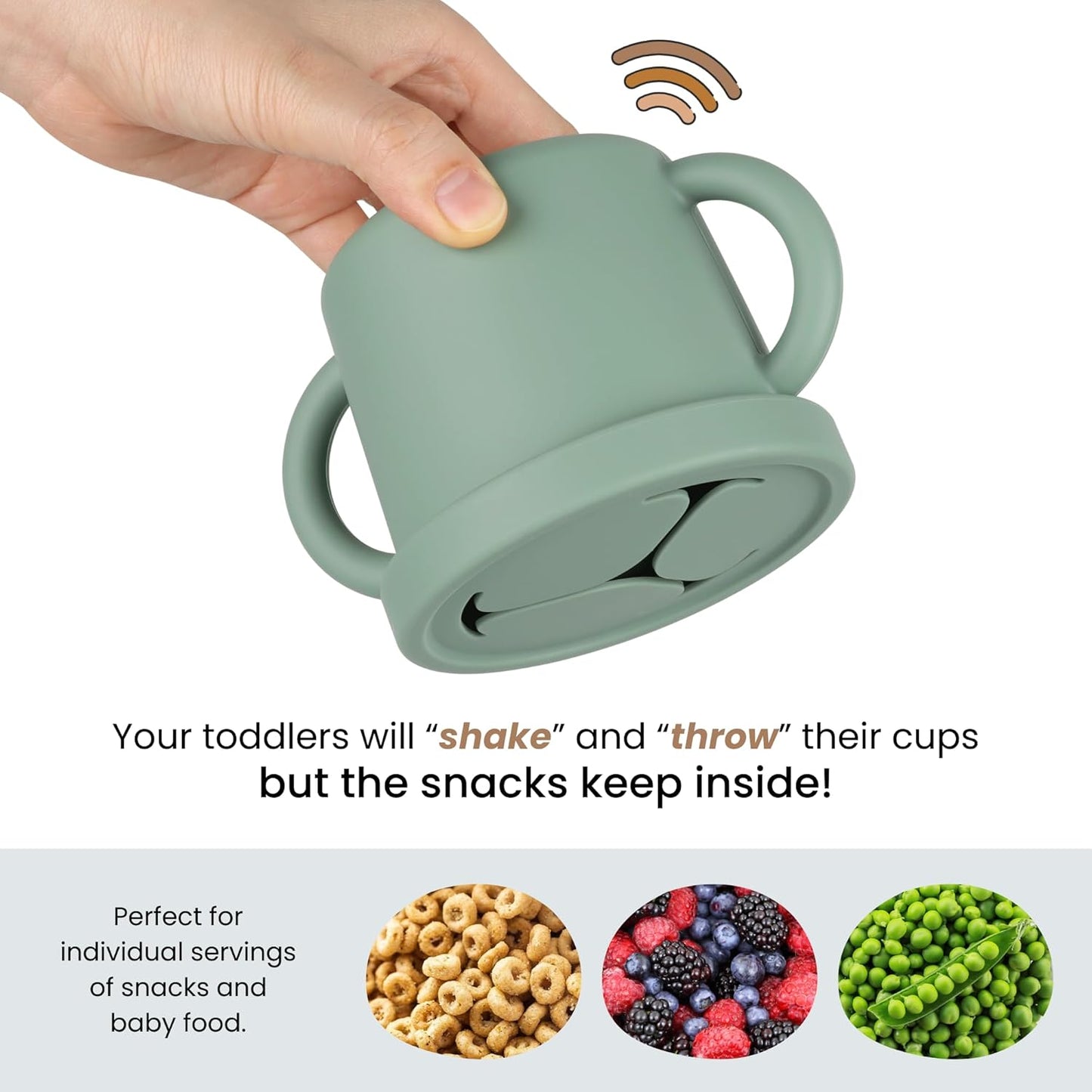 Snack Containers for Toddlers, Kids - 2 Pack Food Grade Silicone Snack Cups with Grip Handle (Natural/Sage)