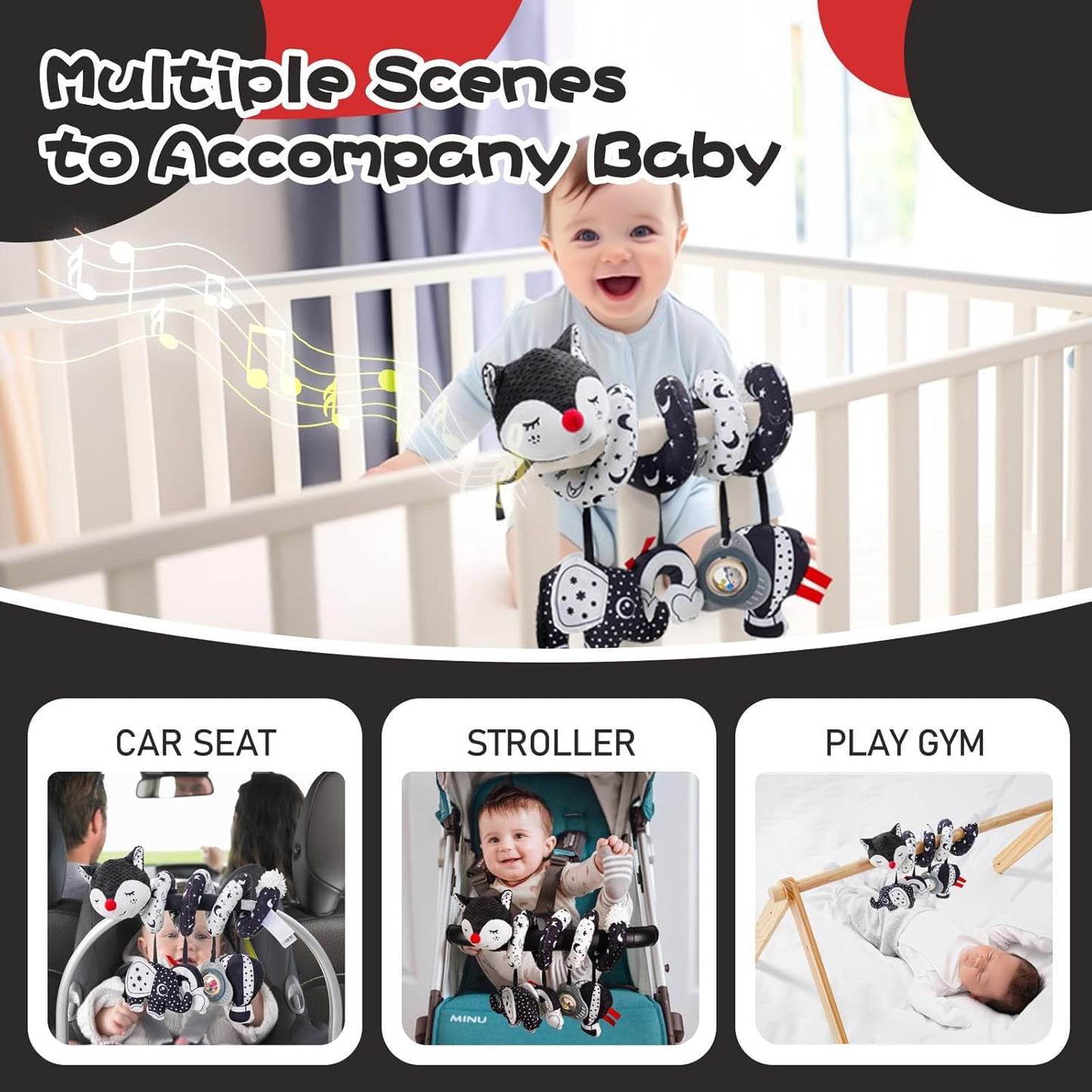 Jollybaby Crib Stroller Car Seat Toys for Baby 0-3-6-9-12 Months, Tummy Time Hanging Sensory Toys for Newborn with Music Box and Teether, Spiral Carseat Toy for Infant Boy Girl Gift (Black and White)