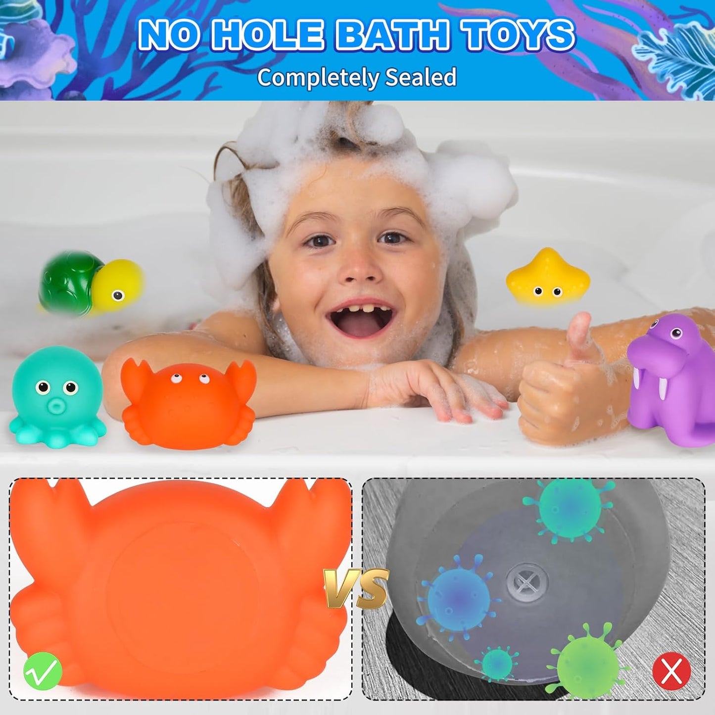 Mold-Free Baby Bath Toys Set 16 Pcs (2 Wind-Up Turtles, 7 No-Hole Sea Animals, 5 Stackable Boats, Fishing Net & Storage Bag) – BPA & Phthalate-Free, Ideal Water Table Baby Pool Toys for Kids Ages 1-3