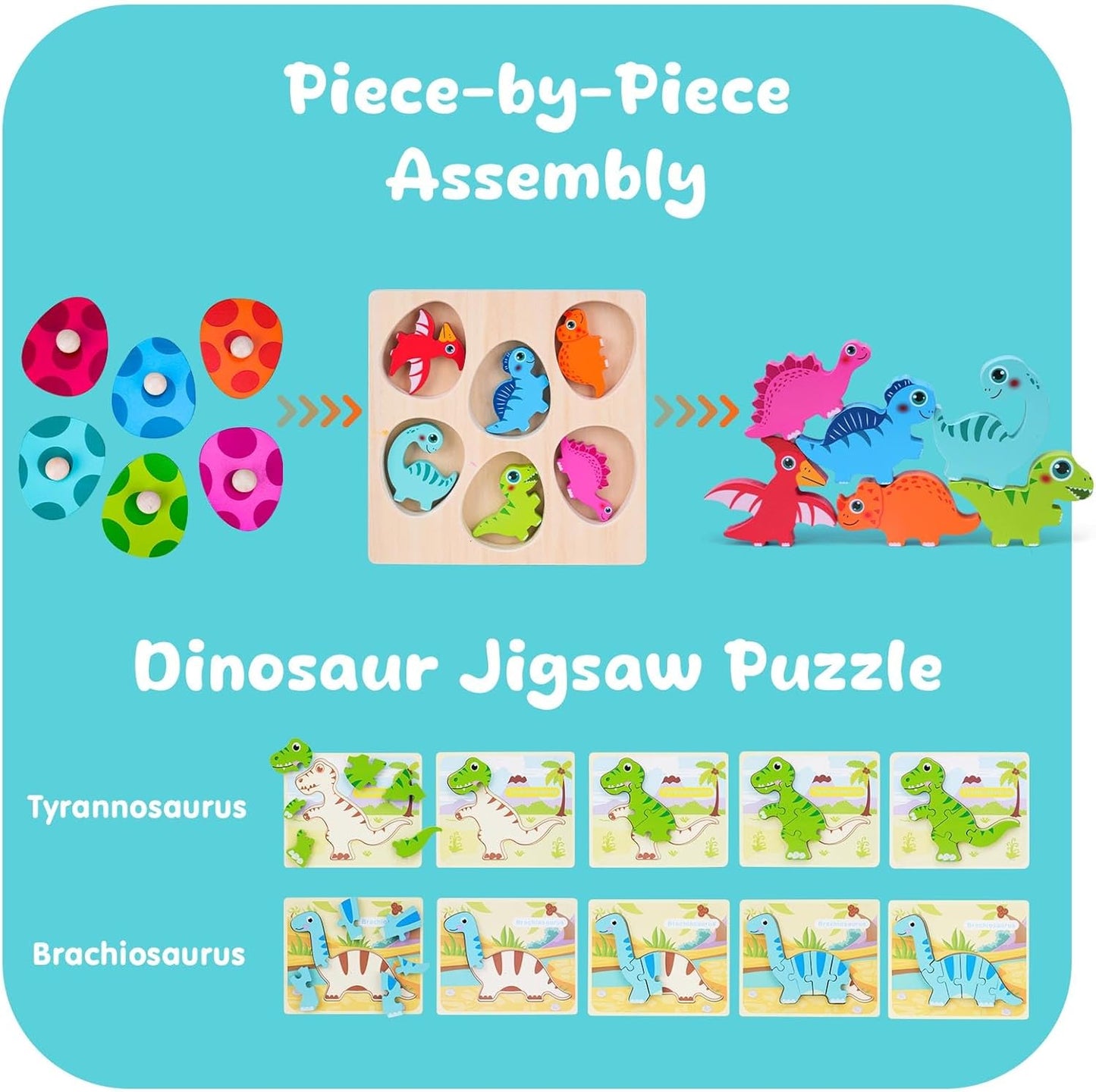 Toddler Dinosaur Puzzle with Eggs - Montessori Wooden Puzzles for 1-4 Year Olds