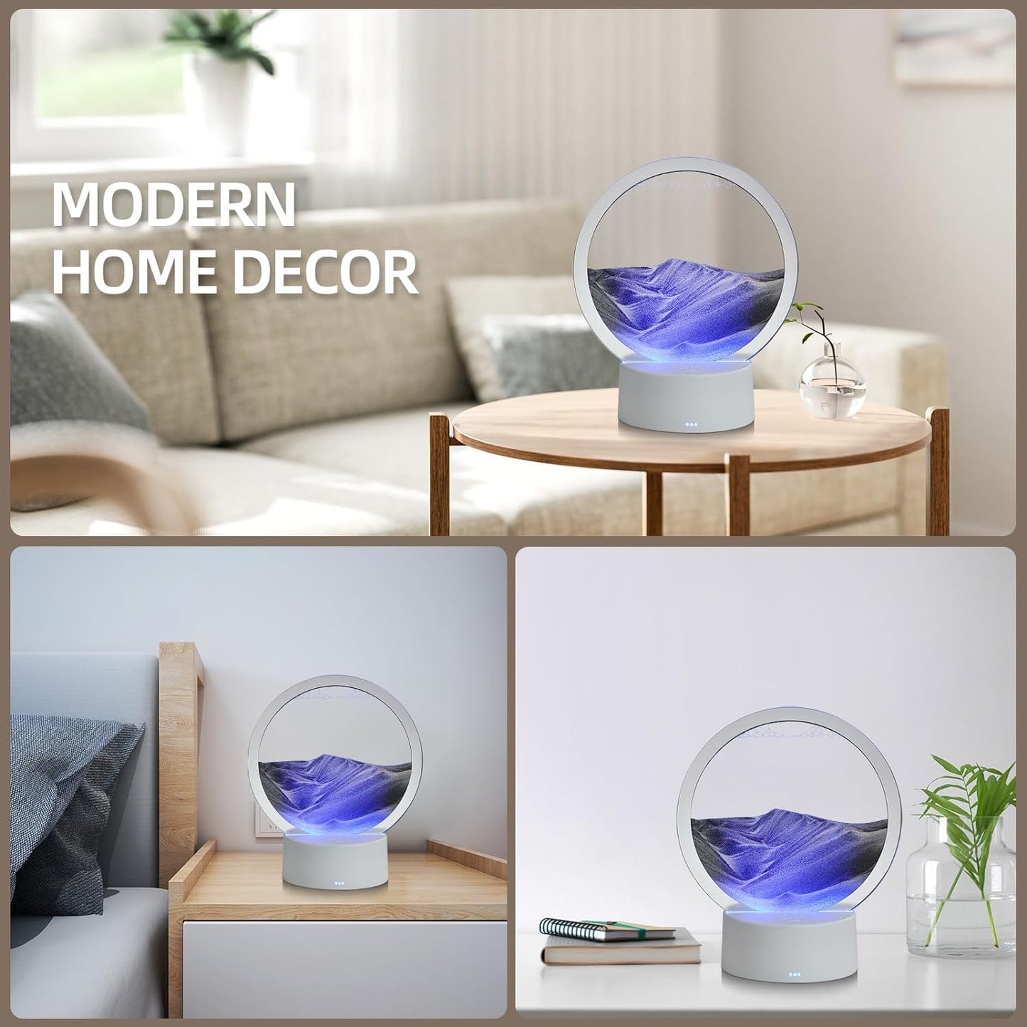 KPNUWN Moving Sand Art Liquid Motion, 3D Deep Sea Sandscape Color Quicksand Decor, Round Glass Moving Sand Art Picture Relaxing Desktop Home Office Work Decor (7 inch-Black Light)