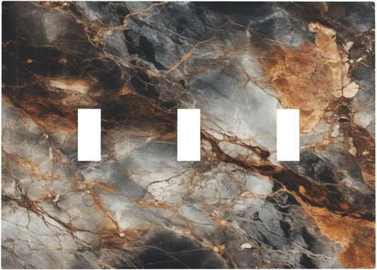Brown Marble Granite Golden Lines Print Decorative Switch Plates 3 Gang Wall Plate Triple Toggle Light Switch Cover Faceplate Electrical Wall Panels for Bathroom Kitchen Decor
