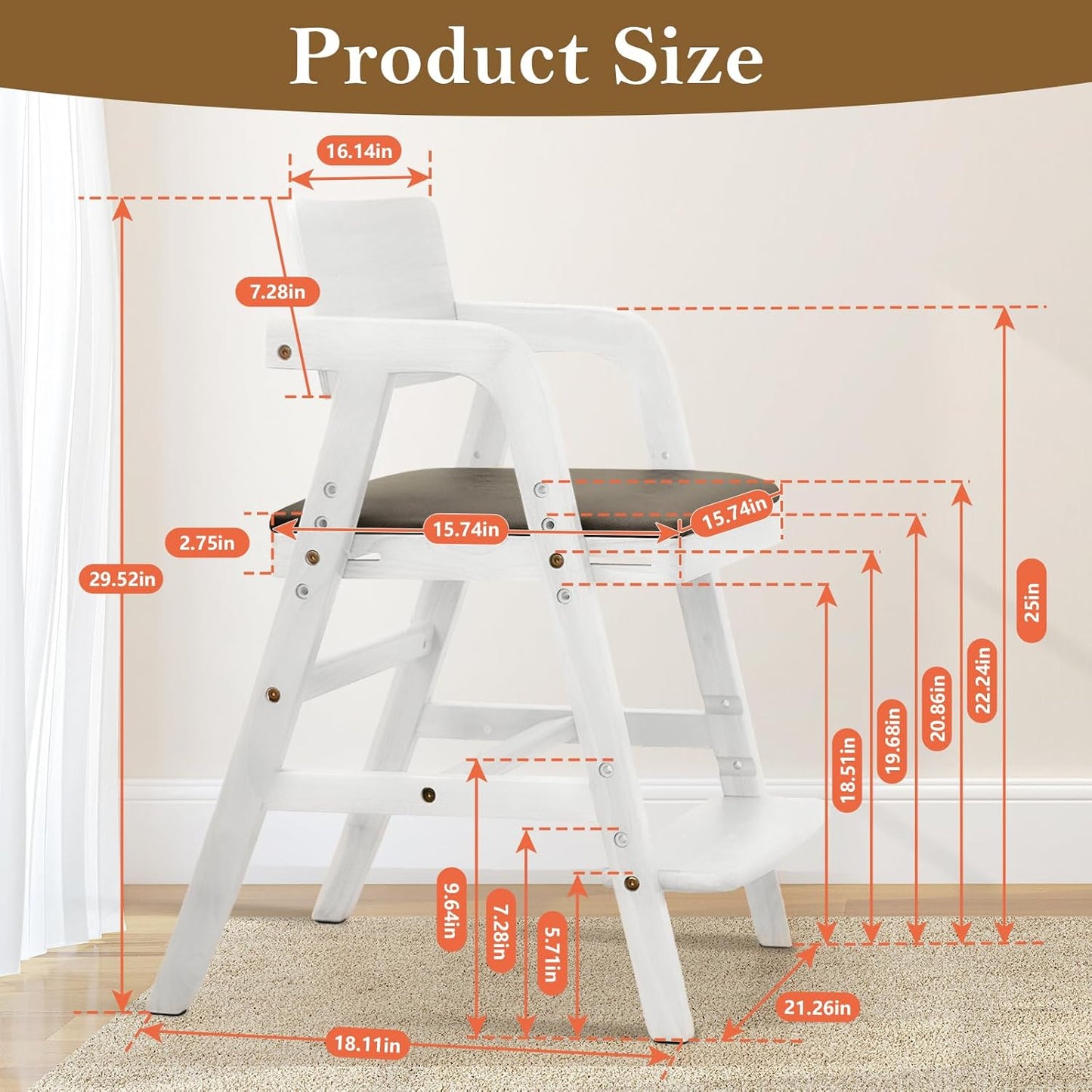 Solid Wood High Chair for Toddlers to Teens, Adjustable Height Toddler Dining Chair, Easy to Clean Toddler Highchair with Removable PU Cushion for Dining, Studying, Step Tool, White