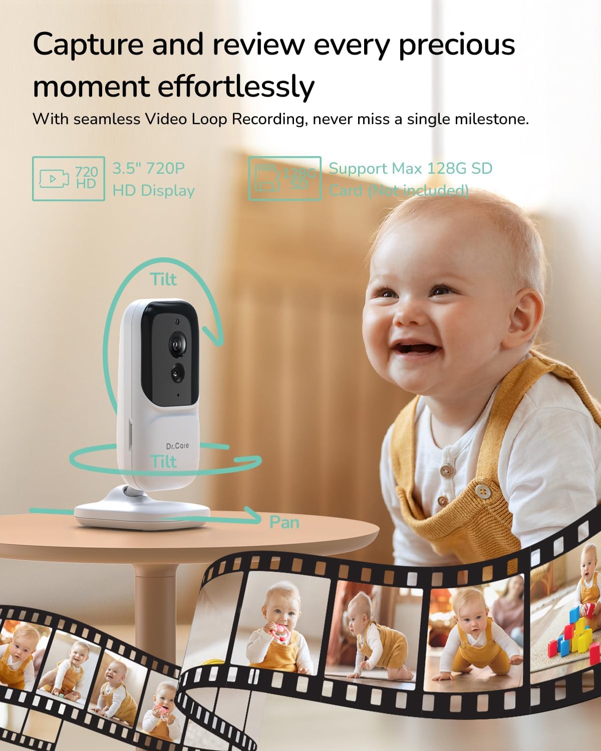 NeoView Video Baby Monitor -3.5” Screen, 2-Way Audio, Video Loop Recording, Night Vision, Real-Time/VOX Monitoring, Temperature Sensor, Lullabies, No Wi-Fi (Supports Up to 128GB)