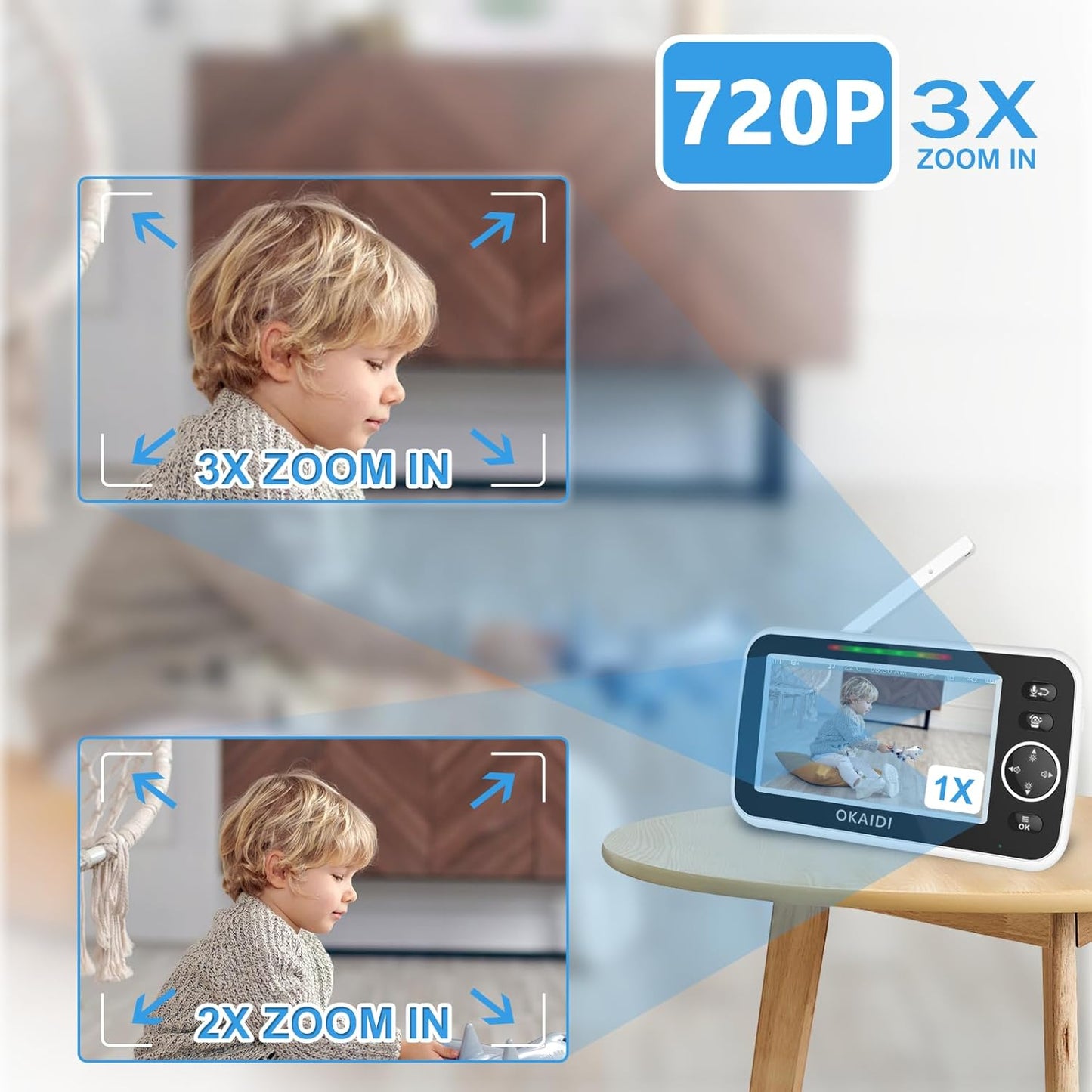 5" HD Baby Monitor with Camera and Audio, 720P Display, 5000mAh Battery, Remote Pan-Tilt, 3X Zoom, Night Vision, 2-Way Talk, Temperature,Lullabies,1000ft Range Baby Monitor No WiFi