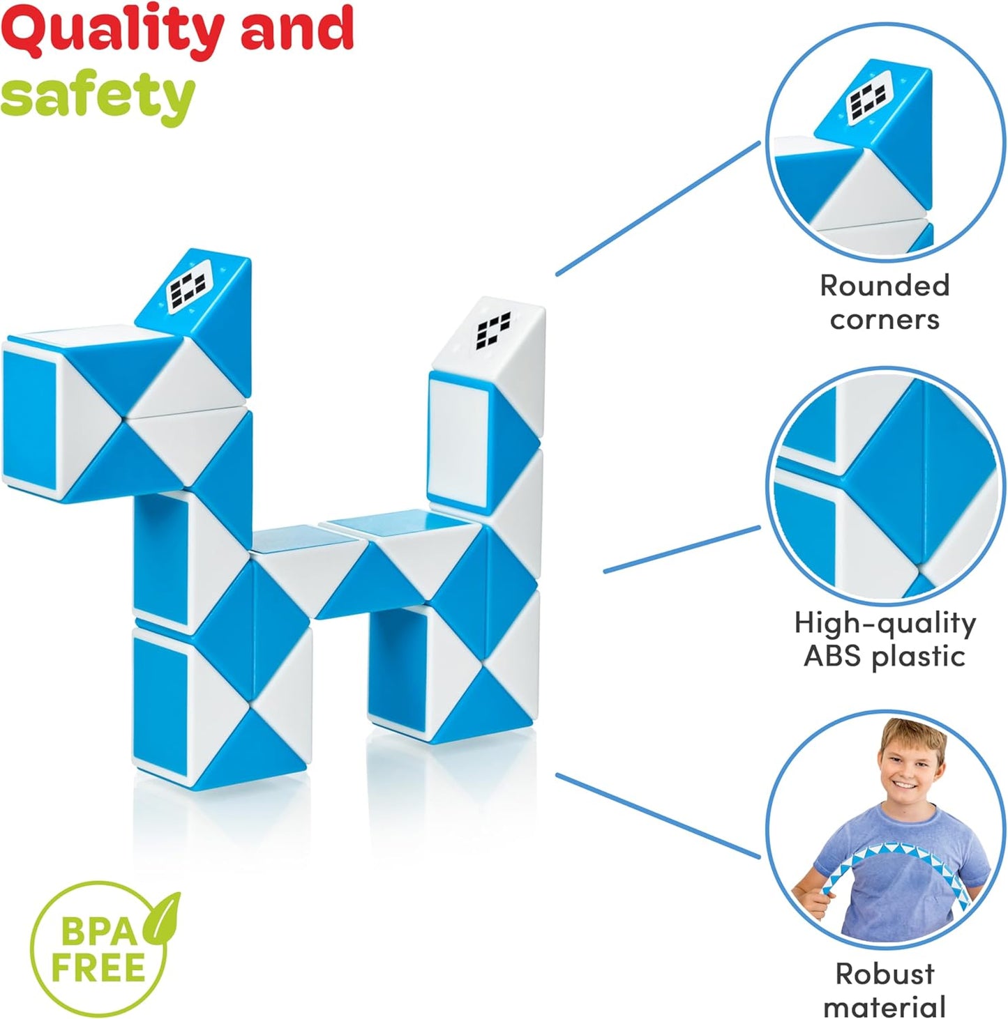 CUBIDI® Magic Snake Cube | Fidget Snake Toy for Kids | Travel Toys for Kids Ages 4-8 | Great Gift for Boys and Girls Birthday, Christmas, Stocking Stuffers - 24 Blocks | 0.9 inch x 0.7 inch | Blue