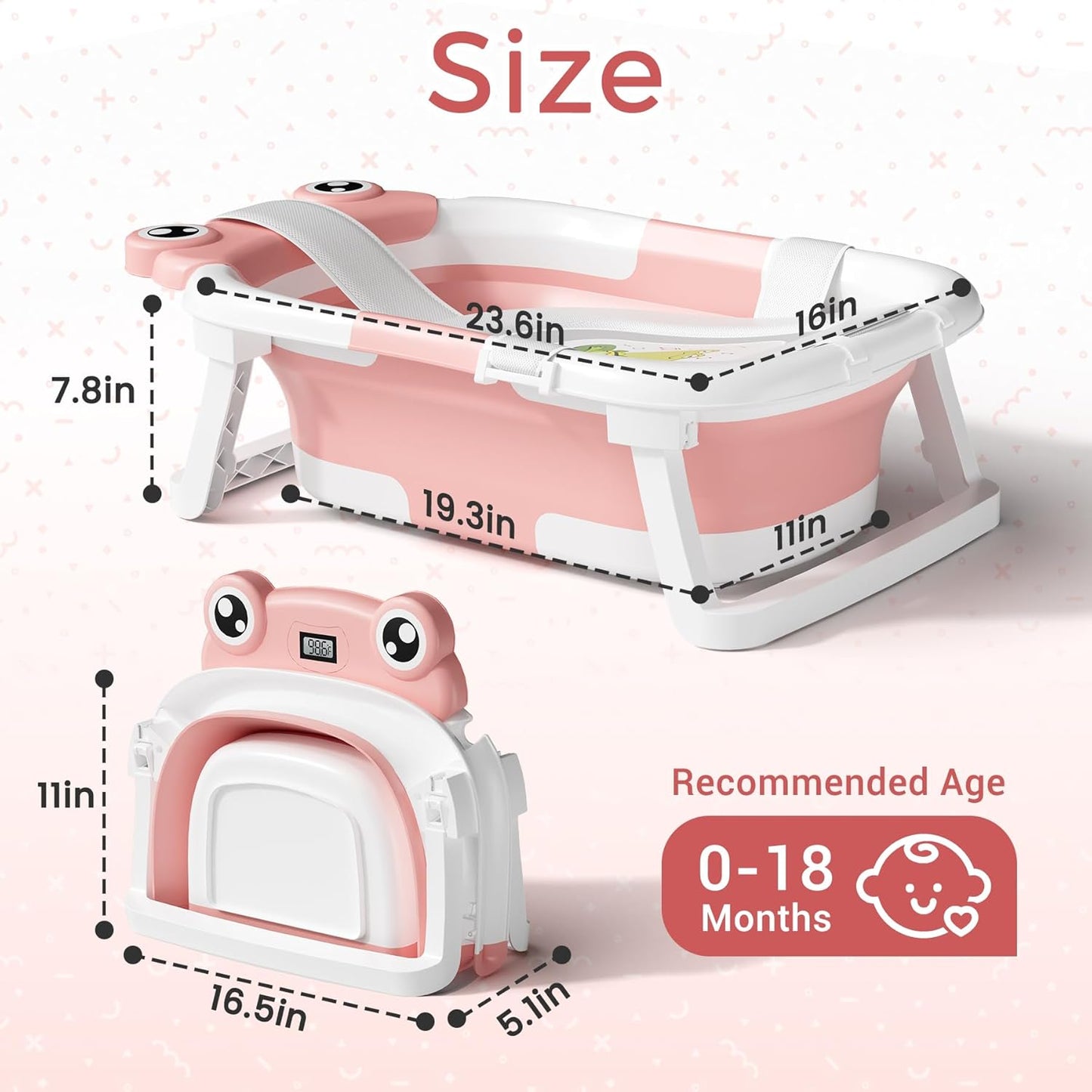 Baby Bathtub, Collapsible Newborn Bathtub for Infant to Toddler 0-24 Months with Soft Cushion and Thermometer,Portable Travel Newborn Tub with No-Slip Feet, Baby Shower Gifts,Pink