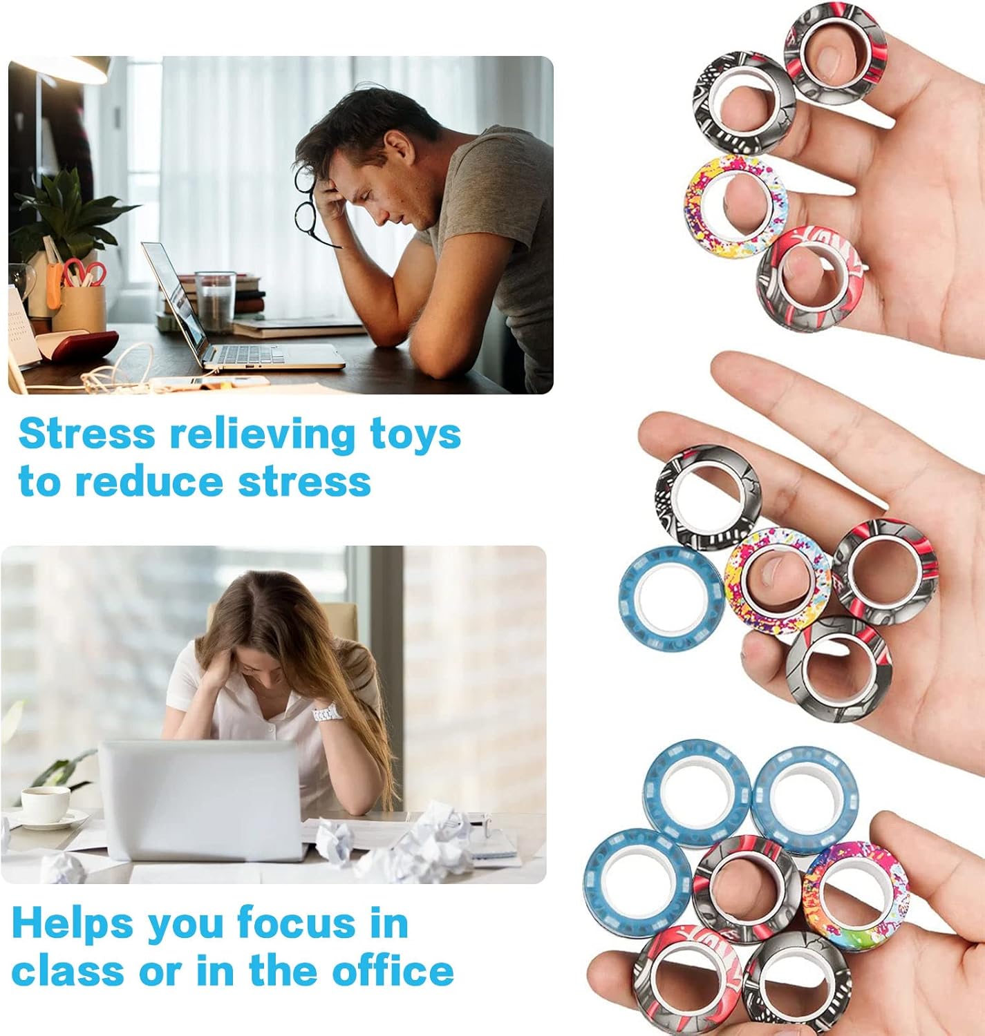 24Pcs Magnetic Rings Fidget Toys Spinner Set,Finger Magnet Rings Endless Hours of Fun ADHD Stress Relief Fidget Spinner for Relieve Anxiety Birthday for Adults Teens Kids