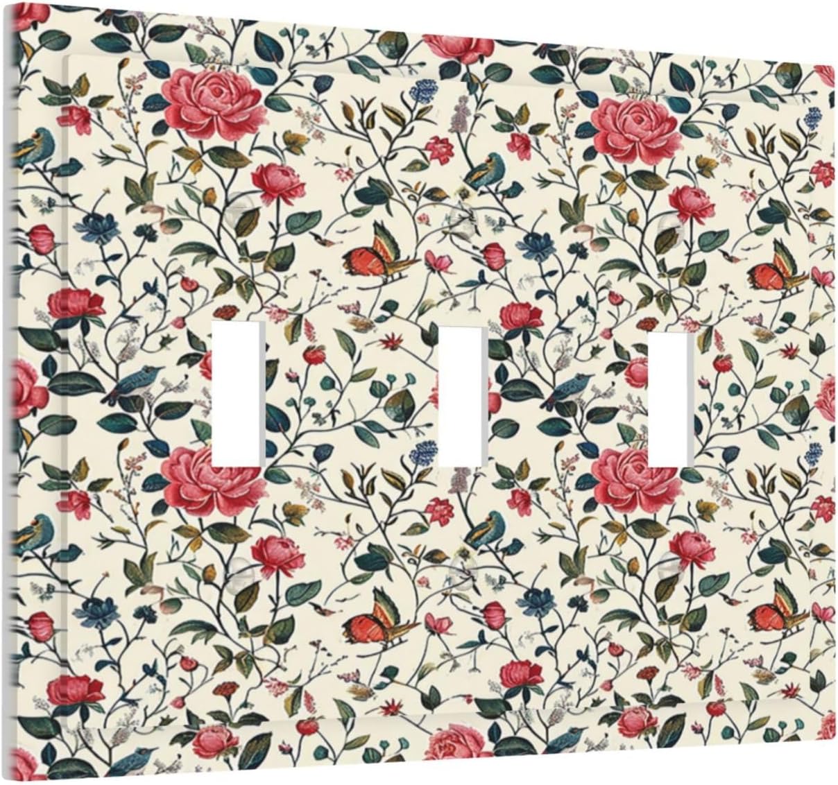 Decorative Switch Plates Vintage Flowers Rose Leaf Bird Butterfly 3 Gang Wall Plate Triple Toggle Light Switch Cover Faceplate Electrical Wall Panels for Bedroom living Room Decor