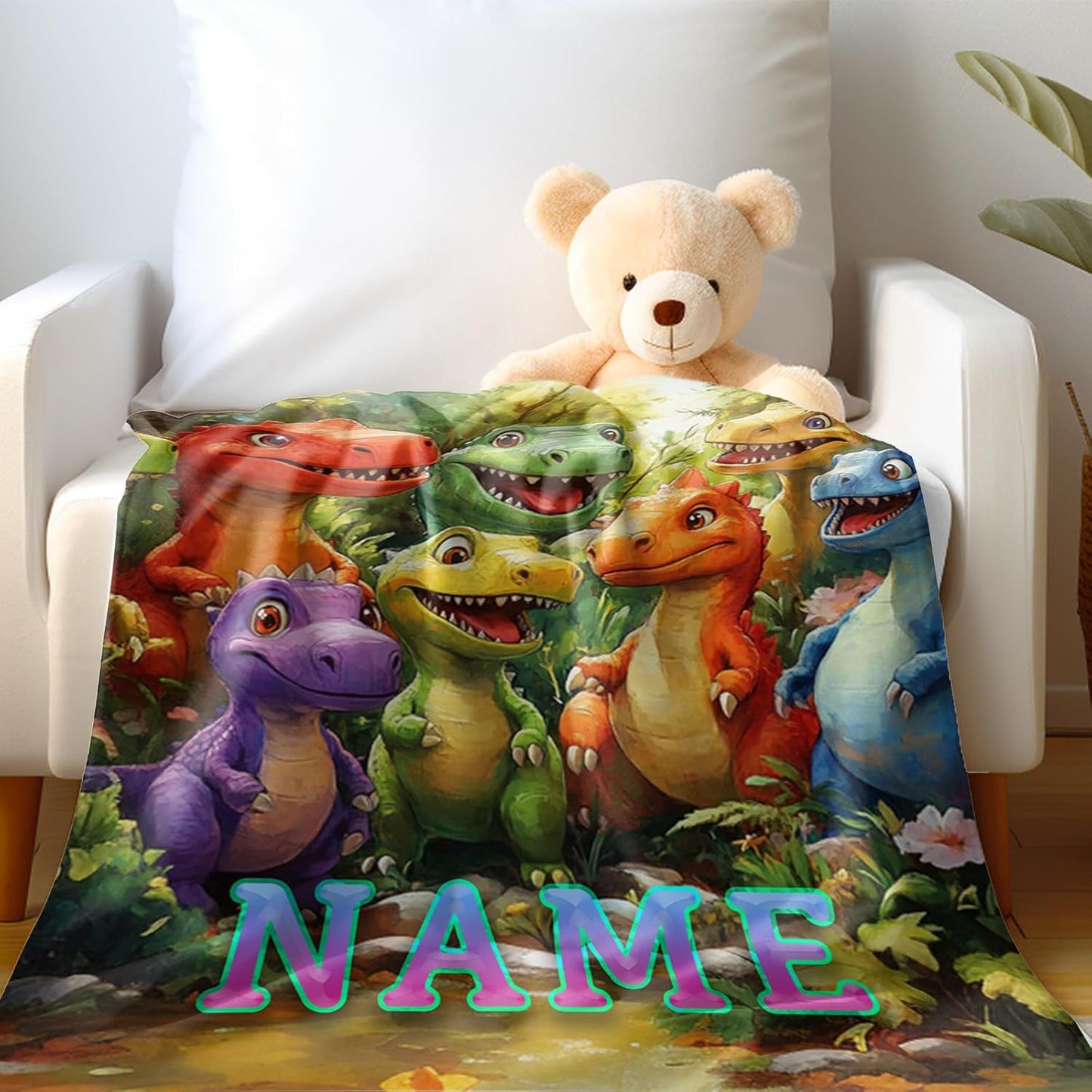 Ship Next Day, Custom Dinosaur Blanket - Printed in USA, Personalized Blankets with Name, Gift for Kids Boys Girls, Unique Present for Birthday, Christmas, Educational Blankets for Children