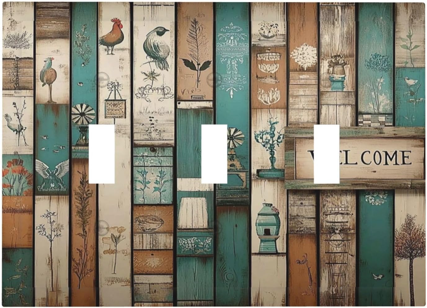 Decorative Switch Plates Vintage Wood Brown Turquoise Splicing 3 Gang Wall Plate Triple Toggle Light Switch Cover Faceplate Electrical Wall Panels For Farmhouse Cabin Decor