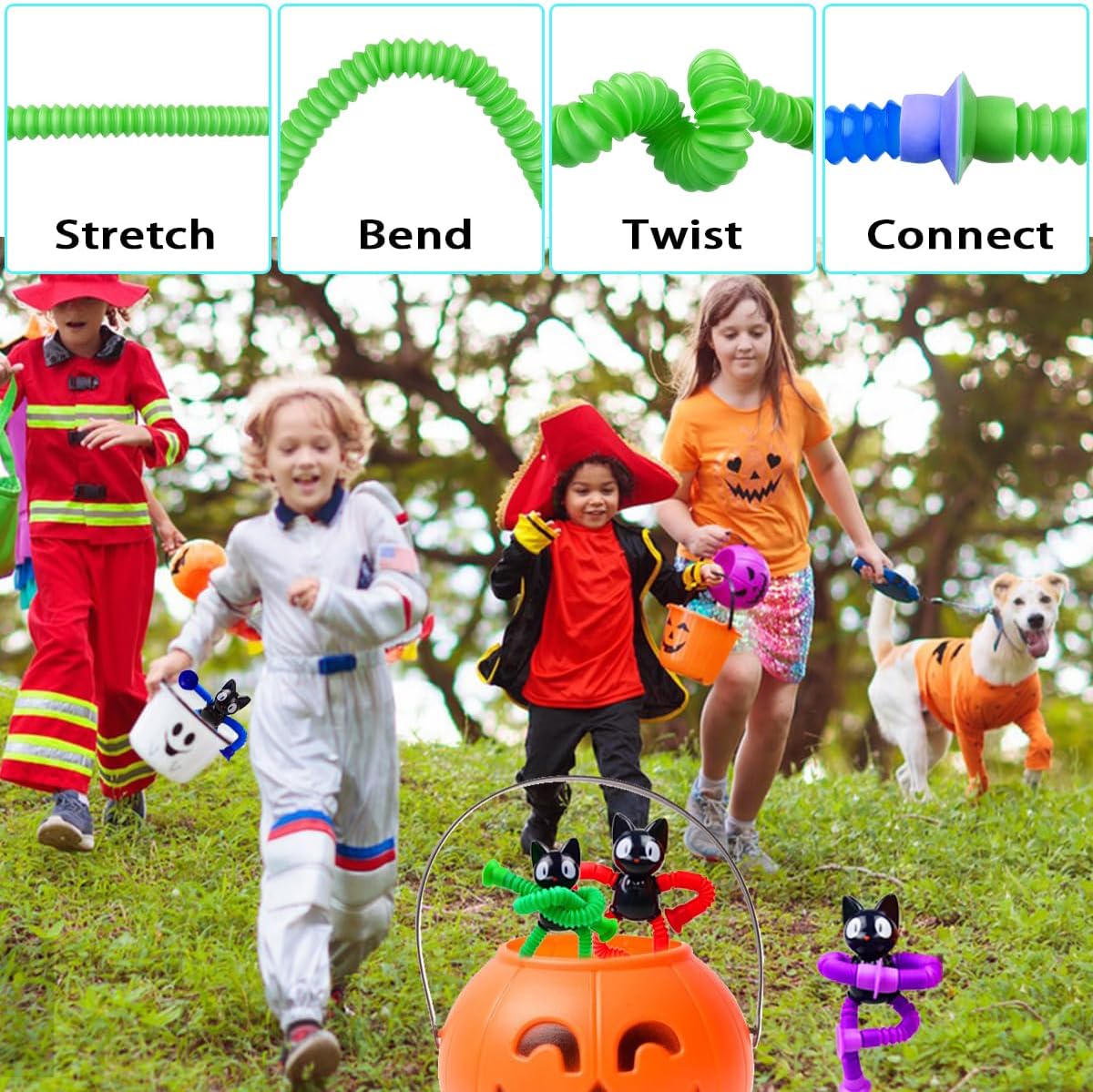 Anditoy 4 Pack Halloween Black Cat Suction Cup Pop Tubes Toys Sensory Toys for Kids Boys Girls Halloween Party Favors Halloween Treat Bags Gifts