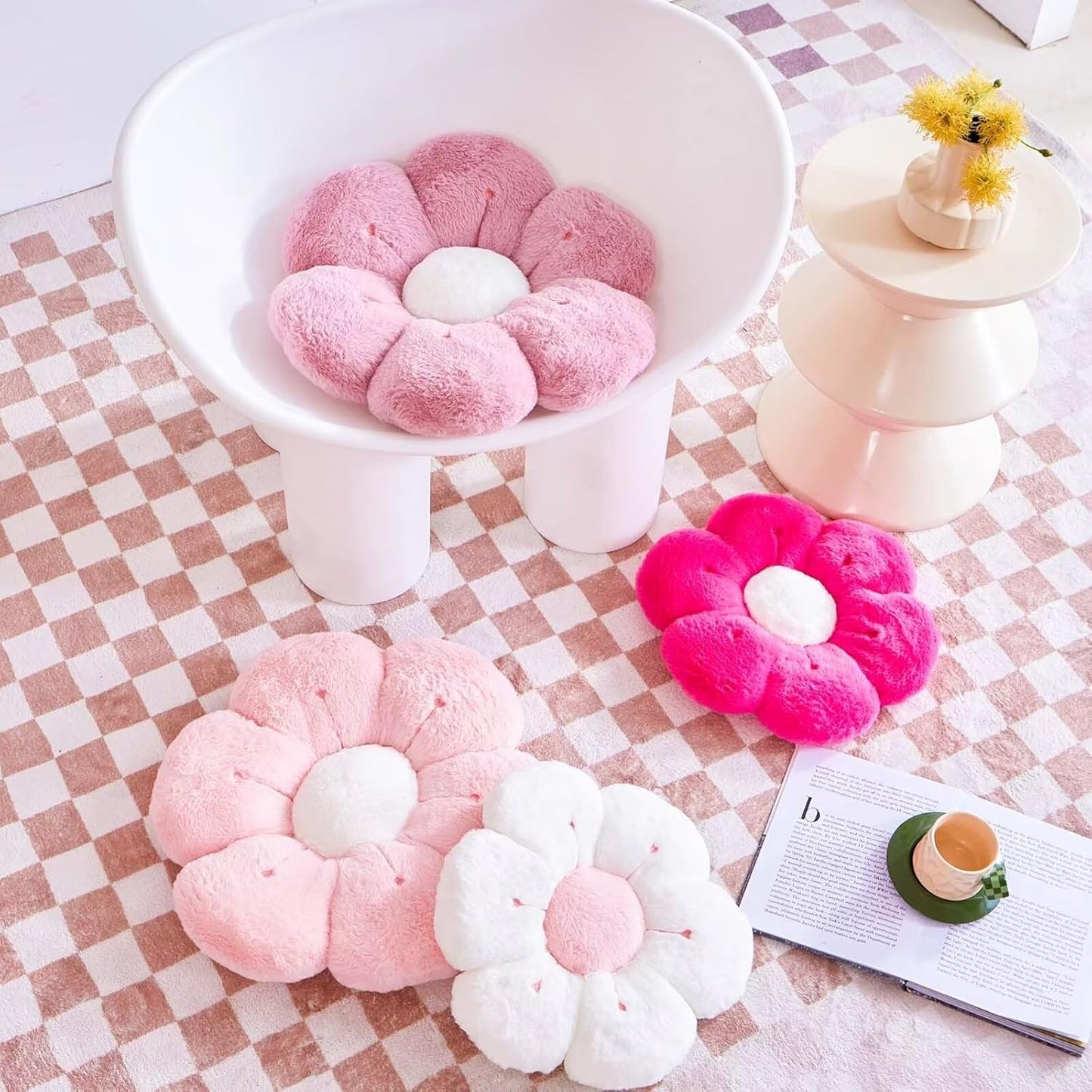 Flower Pillow, Cute Flower Shaped Decorative Pillow, Soft Rabbit Fur Daisy Pillow Home Decor Floor Seating Cushion for Bedroom Living Room (White 14.9 Inch)