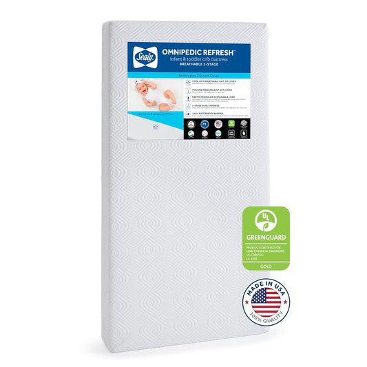 SEALY BABY OmniPedic Refresh Breathable 2 Stage Waterproof Crib Mattress Plus Toddler Bed Fit, Removable Knit Cover, GREENGUARD Gold Certified, Safety & Quality Tested, Made in USA, 52X28 -White