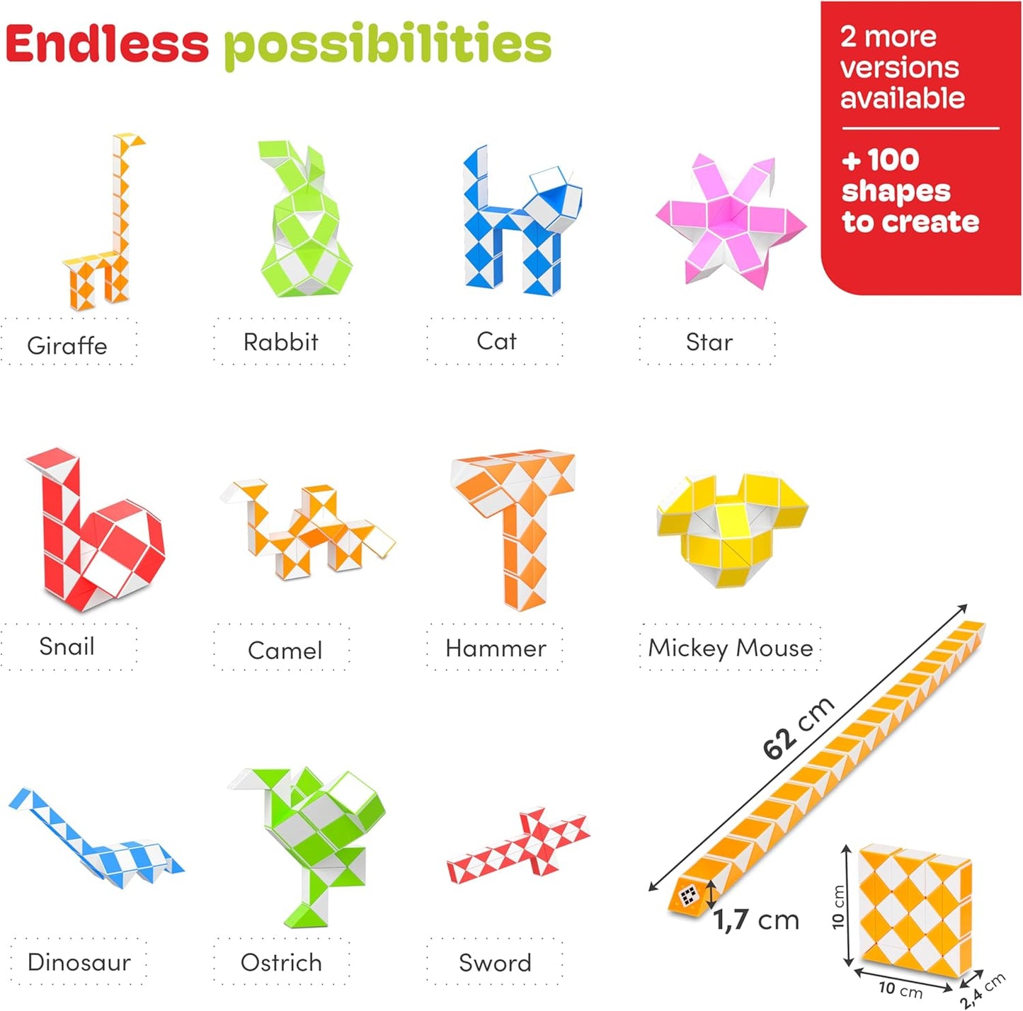 CUBIDI® Magic Snake Cube | Fidget Snake Toy for Kids | Travel Toys for Kids Ages 4-8 | Great Gift for Boys and Girls Birthday, Christmas, Stocking Stuffers - 36 Blocks | 0.9 inch x 0.7 inch | Orange