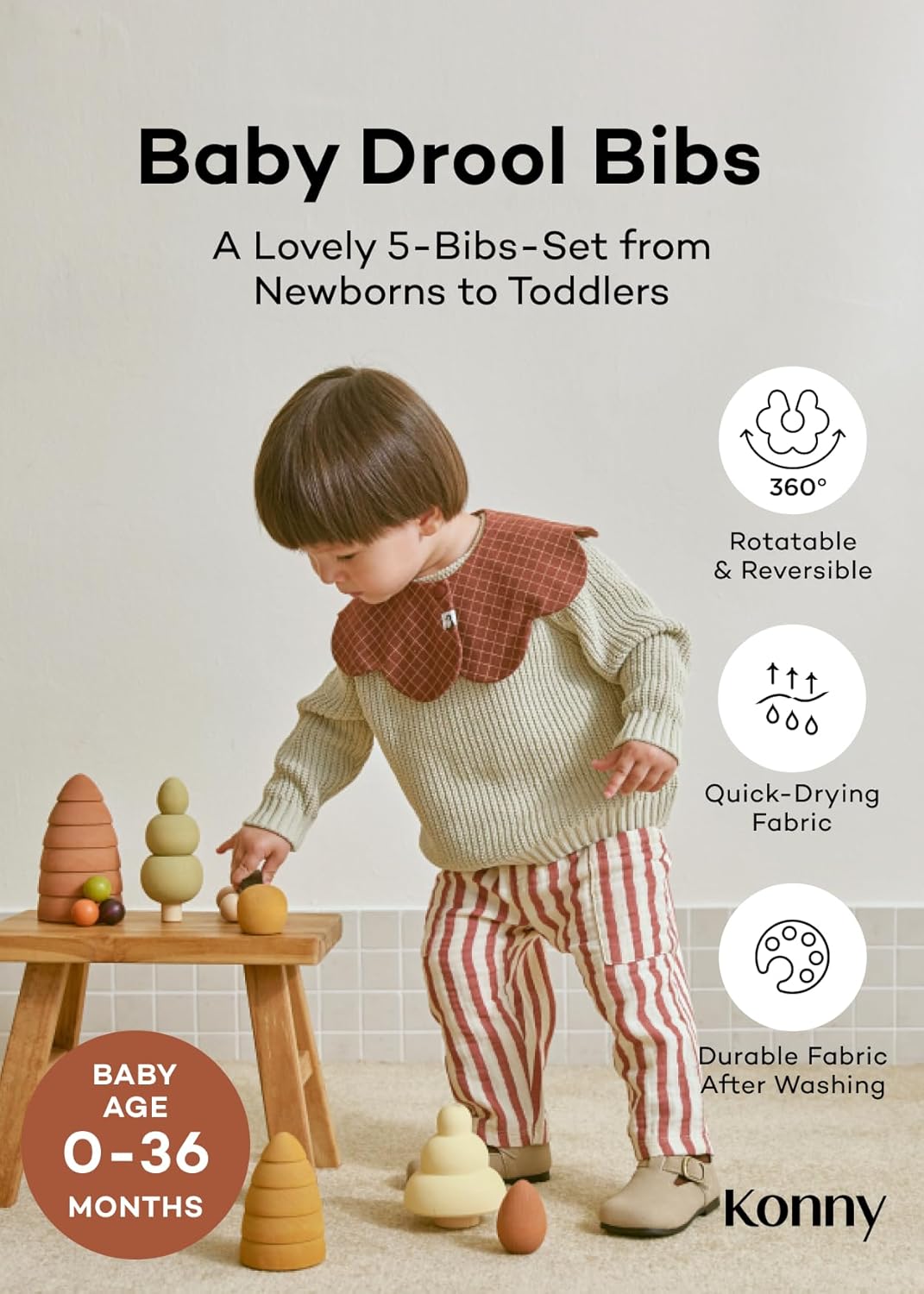 Konny Baby Bibs 5-Pack, 360 ° Rotate, Soft and Absorbent Bandana Drooling for Boys Girls baby Essentials