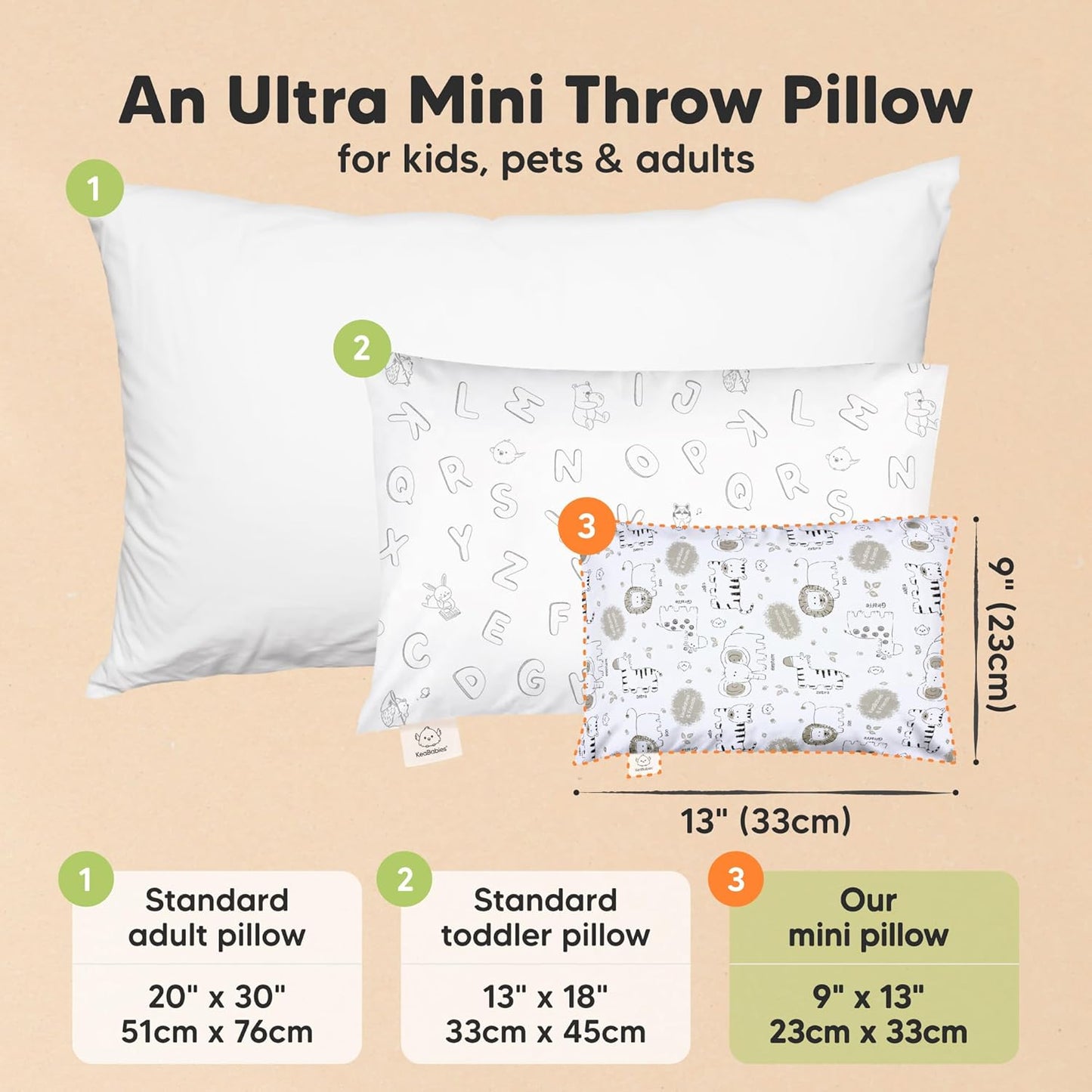 Mini Toddler Pillow with Pillowcase - 9x13 My Little Dreamy Travel Kids Pillow for Sleeping, Toddler Bed, Small, Tiny, Organic Cotton Pillowcase, Soft & Breathable, Kids 2-4 Years Old (KeaSafari)