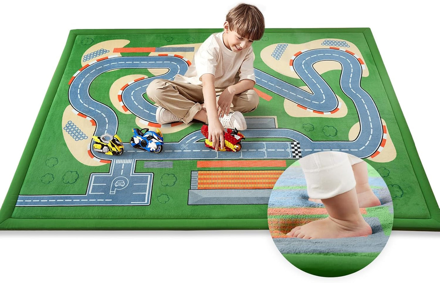 Race Track Playmat Rug, 1.3" Toddler Safety Elasti-Foam Playmat 59"×79" Fun and Education Large Floor Mat for Crawling Activity Race Car Track Play Mat for Boys & Girls