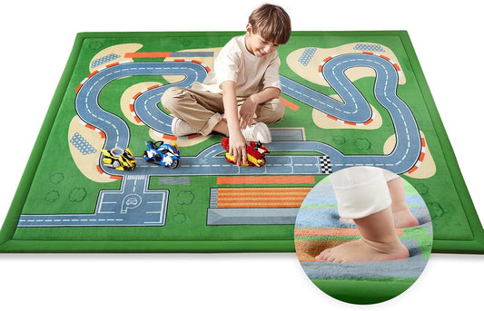 Race Track Playmat Rug, 1.3" Toddler Safety Elasti-Foam Playmat 59"×79" Fun and Education Large Floor Mat for Crawling Activity Race Car Track Play Mat for Boys & Girls