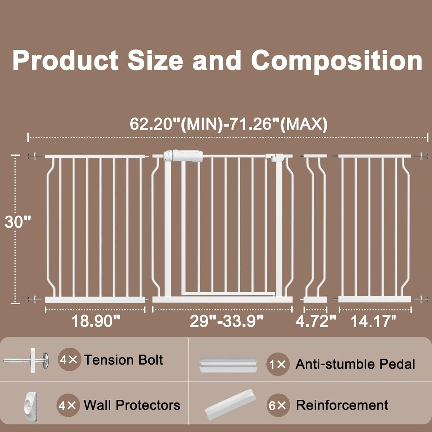WAOWAO Baby Gate 62.20-71.26" Extra Wide Pressure Mounted Walk Through Swing Auto Close Safety White Metal Toddler Kids Child Dog Pet Puppy for Stairs,Doorways,Kitchen