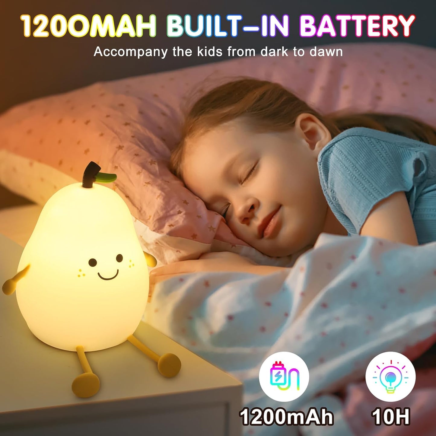 Night Light for Kids, 7 Color Changing BPA-Free Silicone Lamp with Touch Control, Eye Protection, Rechargeable Battery, Soft & Safe Nursery Lamp for Boys & Girls (Pear)