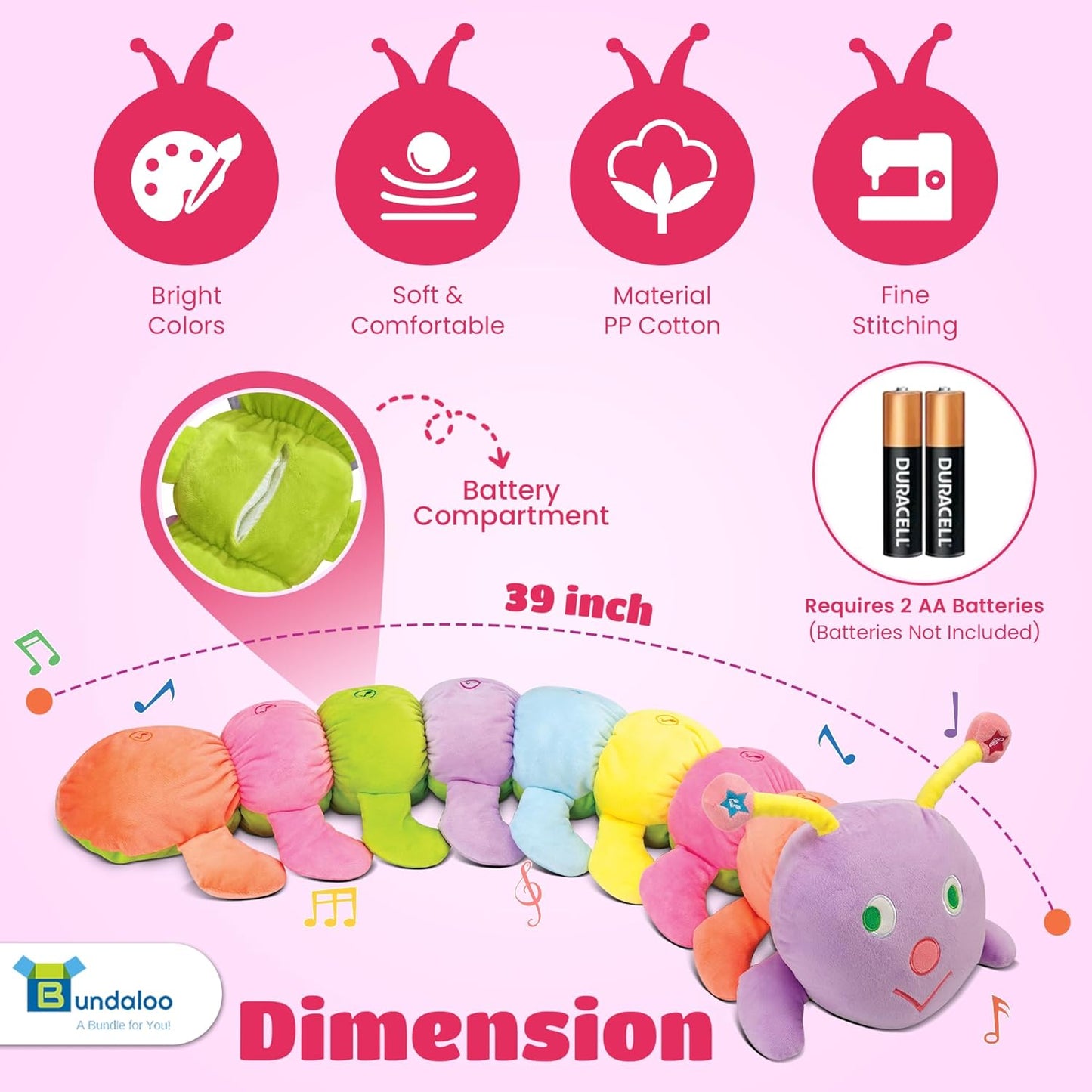 Bundaloo Jumbo Musical Caterpillar Plush Toy - Plays Fun Songs and 8 Musical Key Notes | for Children & Toddlers