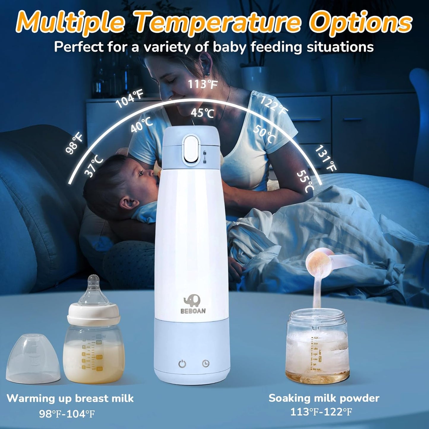 BEBOAN Portable Bottle Warmer for Travel On The Go, Portable Milk Warmer 5-Temp Setting with Lock 12oz Large Capacity 55W Fast Charging & Cordless for Heating Breast Milk/Formula Water Warmer