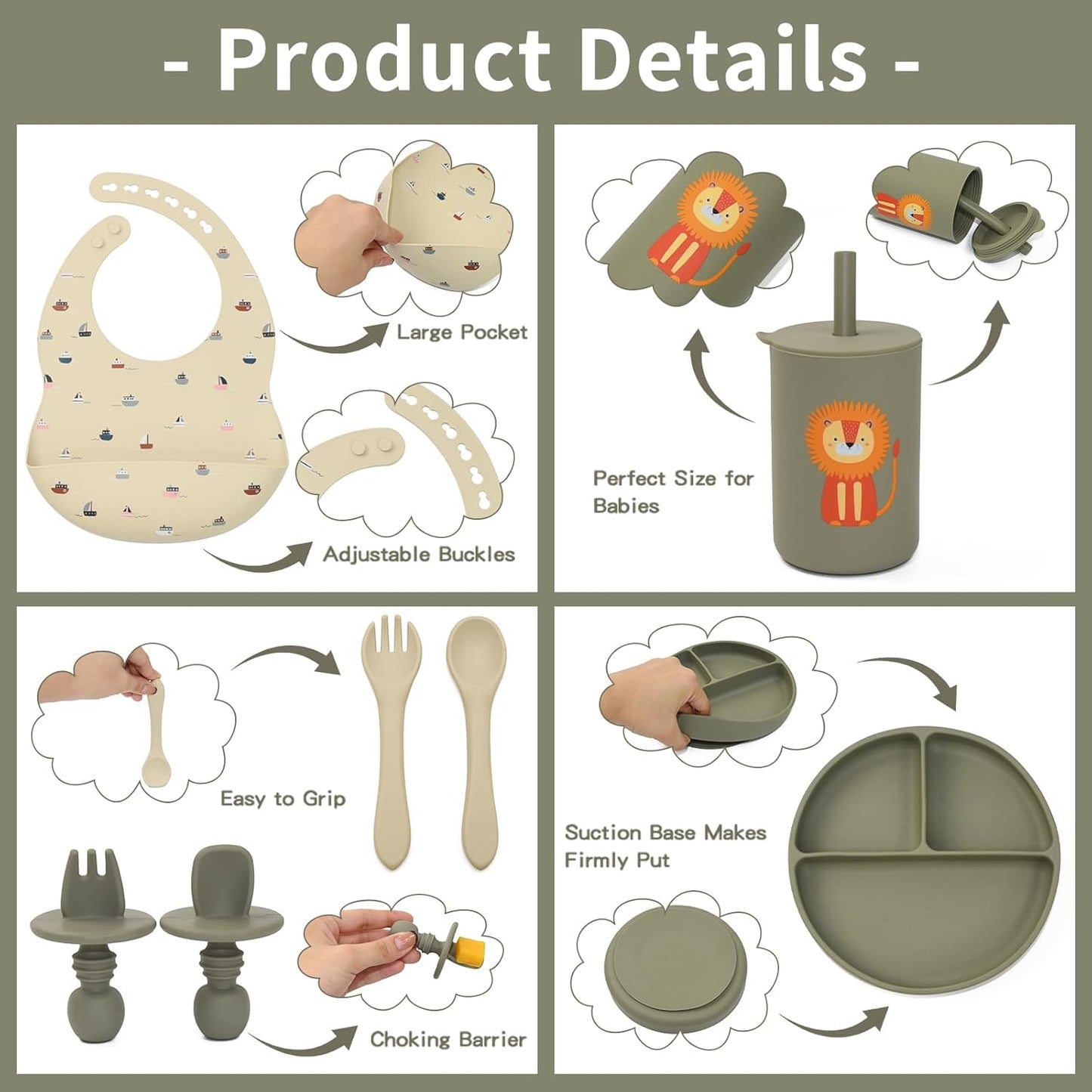 Silicone Baby Feeding Set, Baby Led Weaning Supplies, Baby Spoons Suction Divided Plate Bib Cup, First Stage Solid Food Eating Utensils - 6+ Months(Green-Beige)