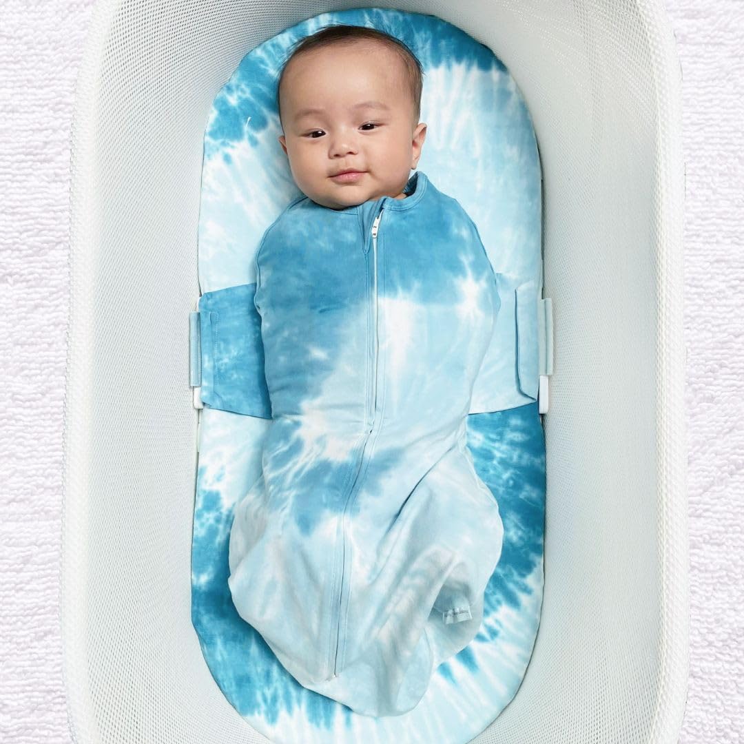 Happiest Baby SNOO Sleep Sack - 100% Organic Cotton Baby Swaddle Blanket - Doctor Designed Promotes Healthy Hip Development (Tie Dye Blue, Small)