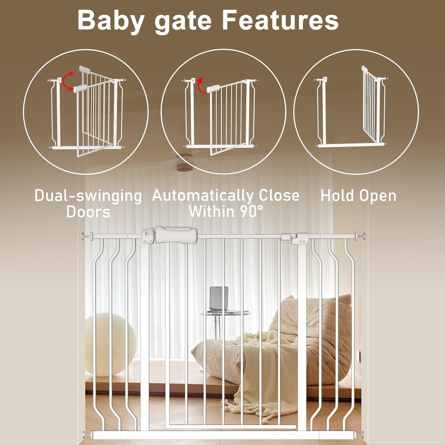ALLAIBB Extra Wide Baby Gate Pressure Mount with Auto-Close, White Metal Safety Gate for Stairs & Doorways - Child Proof, Pet Barrier for Hallways, Kitchen, Living Room for 29.13-33.86 inch