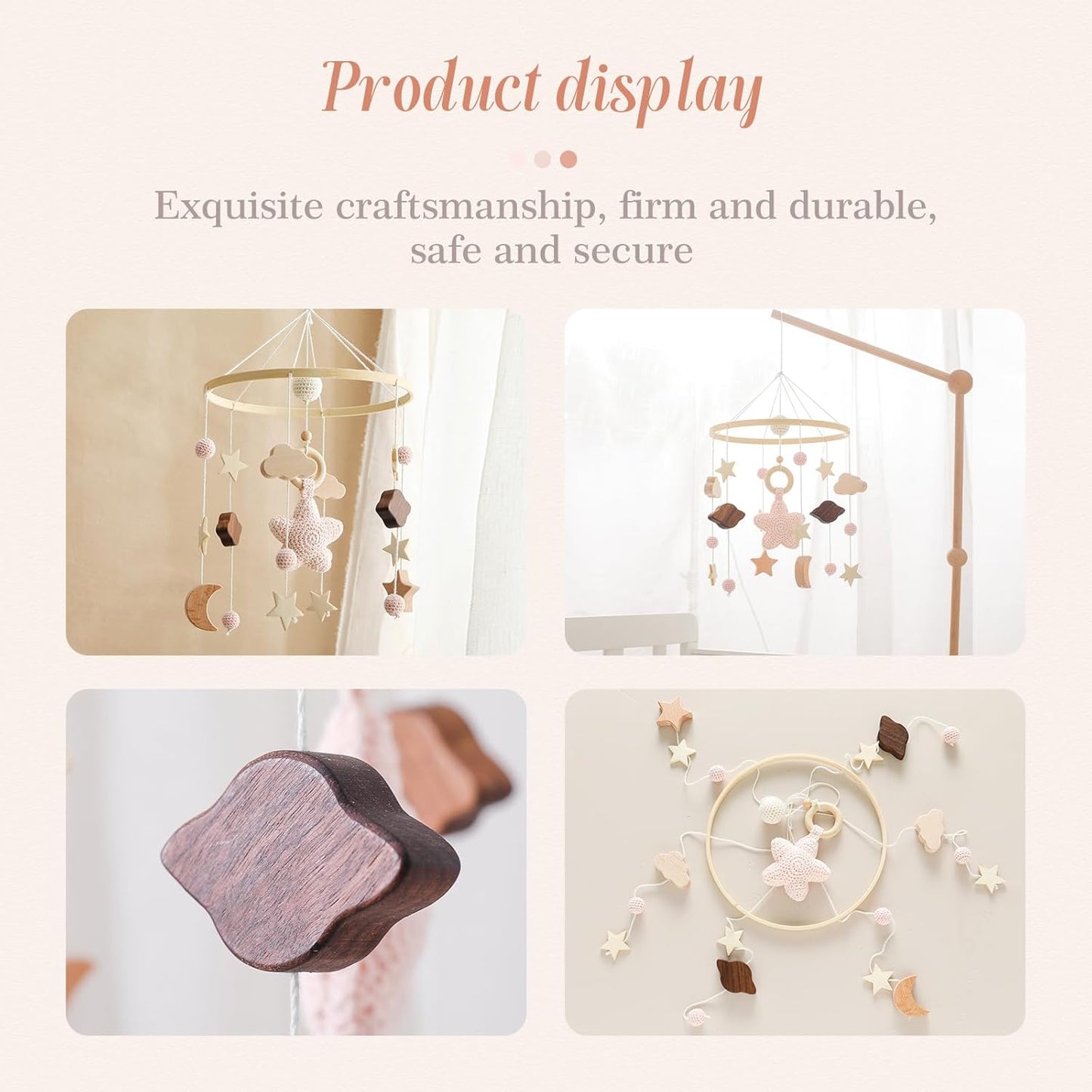 Baby Crib Mobile for Boys Girls| Boho Nursery Mobile| Gender Neutral Hand-Crocheted Mobile| Ceiling Mobile - Stars, Clouds, Moon (Pink)