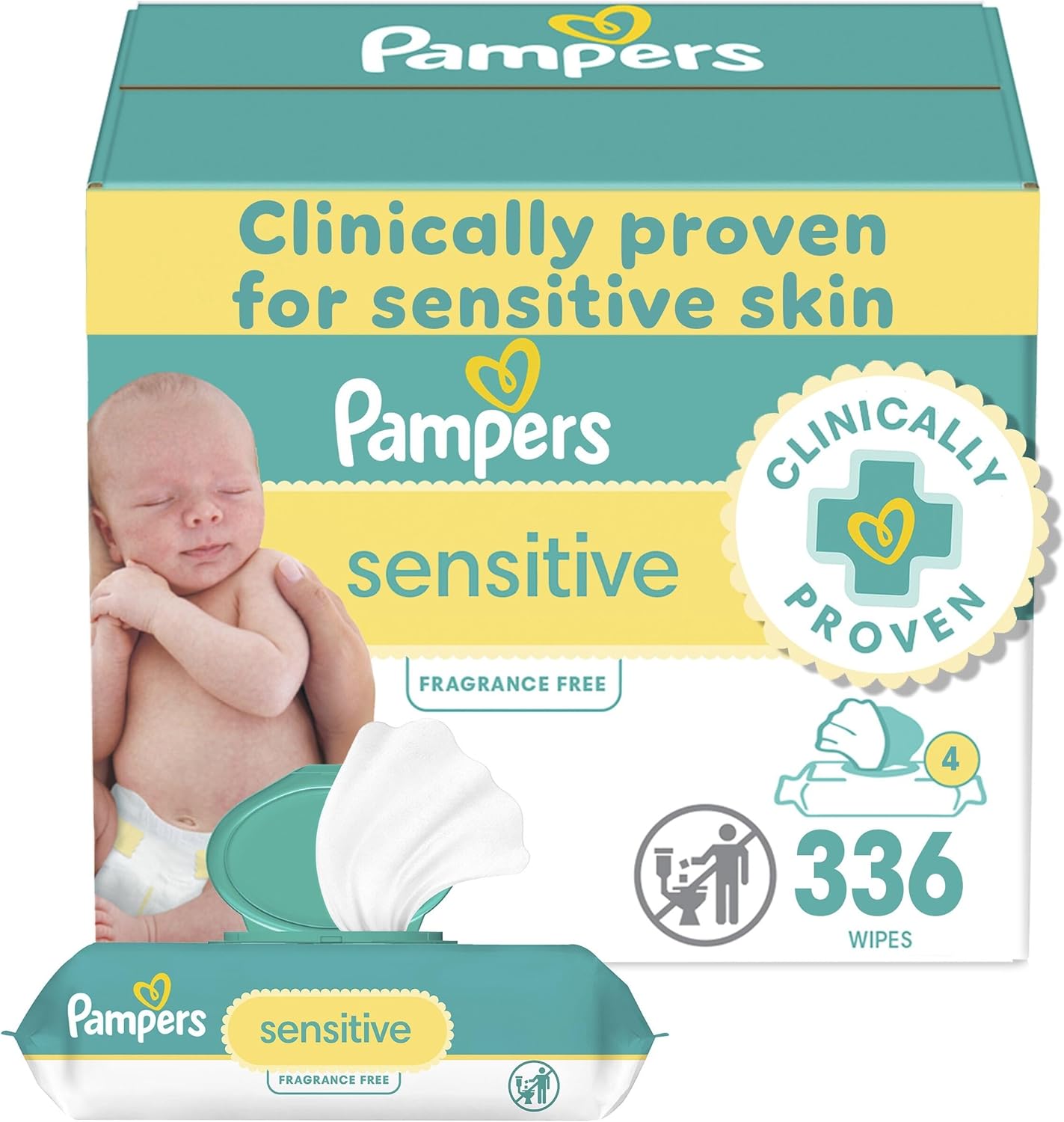 Pampers Baby Wipes, Sensitive, Water Based Wipe, Clinically Proven, Hypoallergenic, and Unscented for Babies, 336 Wipes Total (4 Flip-Top Packs)