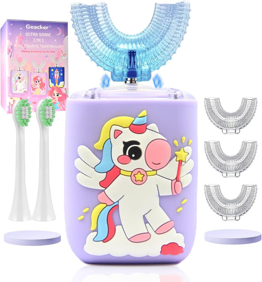 Kids Electric Toothbrush U Shaped Toddler Auto Sonic Toothbrushes with 5 Brush Head, Cartoon Unicorn Ultrasonic 360 Full Mouth Cleaning Automatic Toothbrushes for Children 2-7 Years