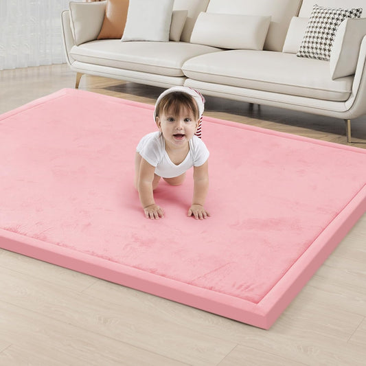 ACOMOPACK Baby Play Mat for Floor 1.3" Thick Memory Foam Play Mat 79"×157 Tummy Time Crawling with Non-Slip Bottom for Living Room,Nursery,Soft Velvet Playpen Mats for Kids,Infants（Pink）