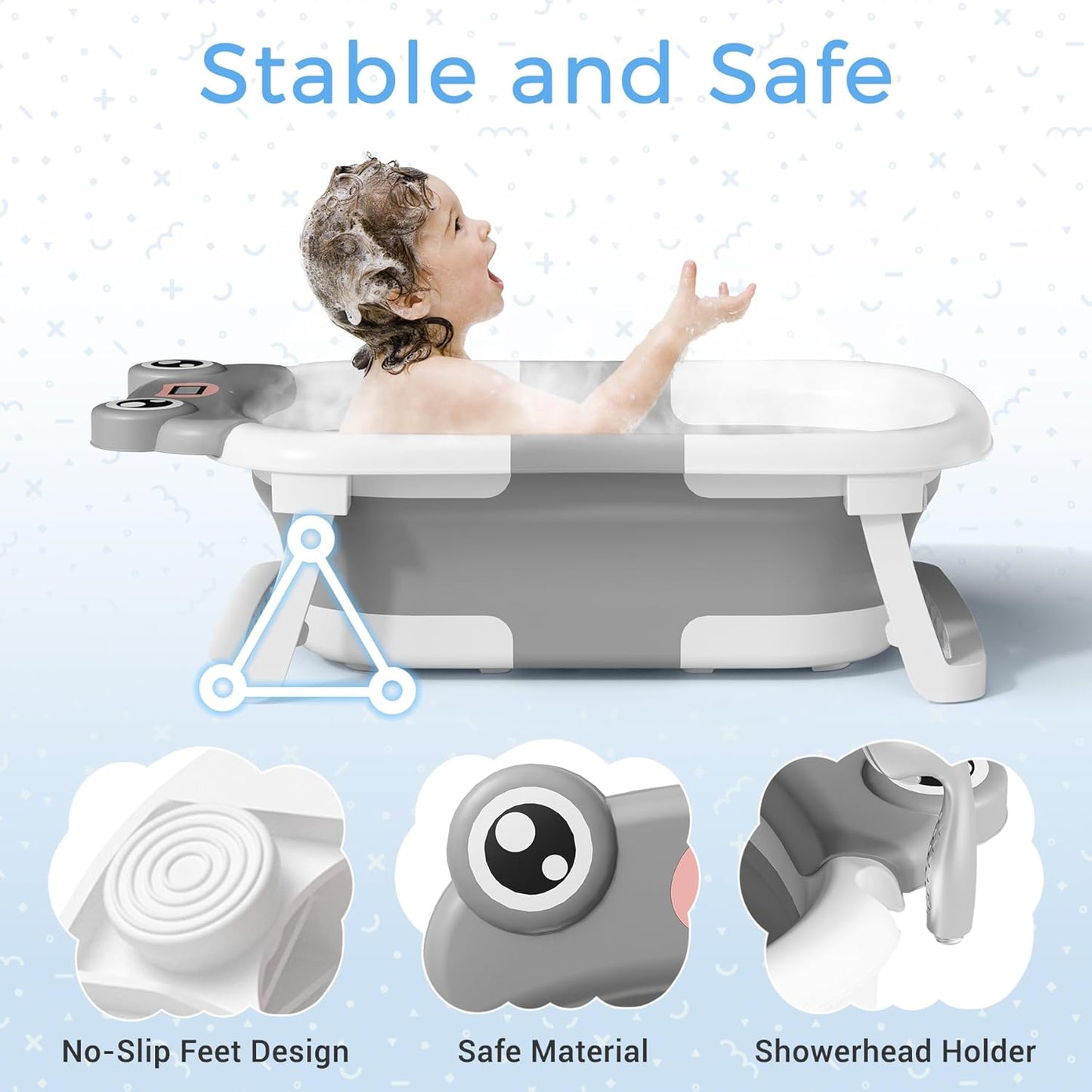 Baby Bathtub, Collapsible Newborn Bathtub for Infant to Toddler 0-24 Months with Soft Cushion and Thermometer,Portable Travel Newborn Tub with No-Slip Feet, Baby Shower Gifts,Grey