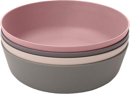 WeeSprout Bamboo Kids Bowls, Set of Four 15 oz Kid-Sized Dinnerware, Cereal, Leftovers & Snack Bowl, Dishwasher Safe (Pink, Green, Gray, & Beige)