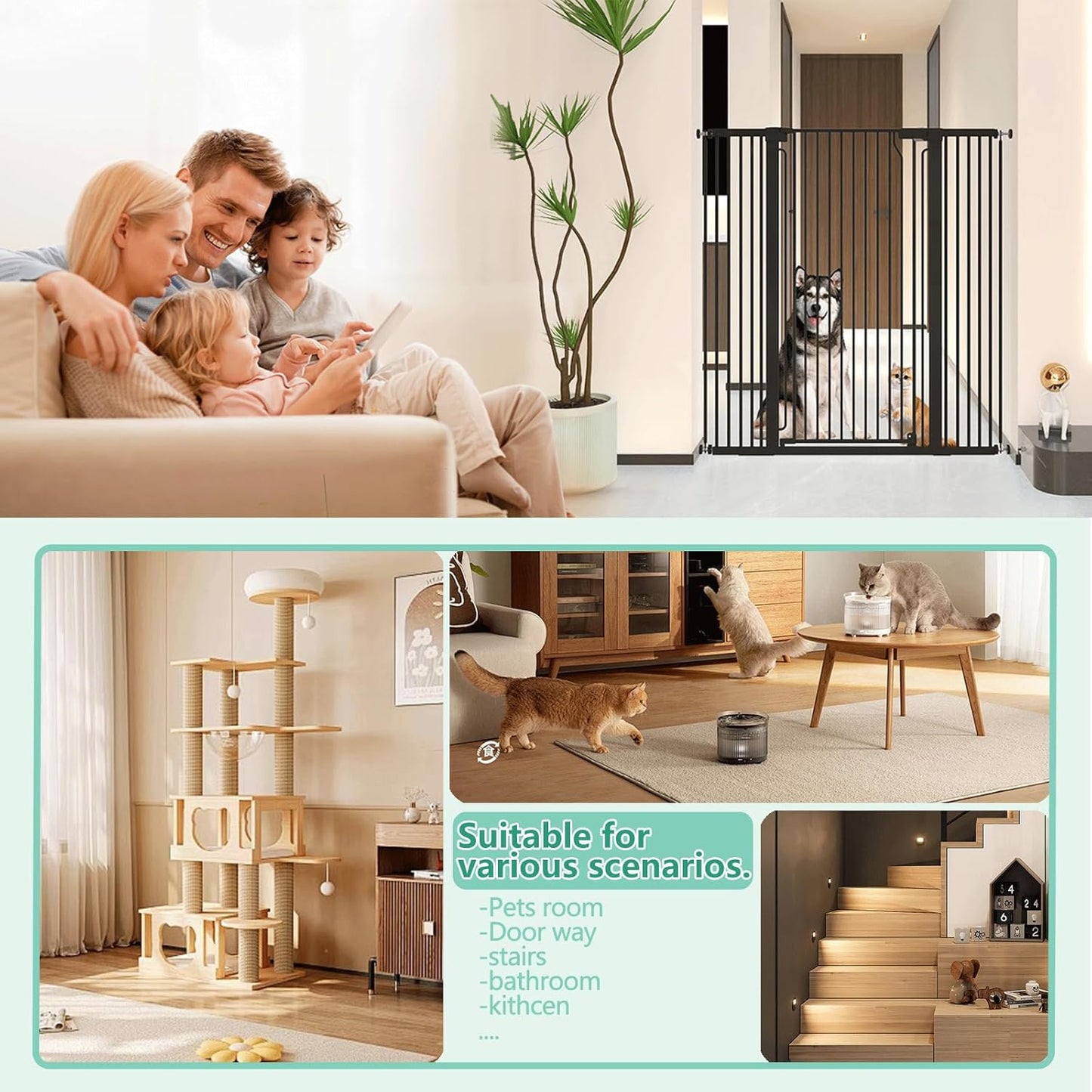 51" Extra Tall Cat Gate for Doorway Auto Close Encrypted Cat Gate 28.5"-48.7" Adjustable Width Pet Gate Include 5.5" and 8.26" Extension Kits No Drilling Pressure Mount Kit