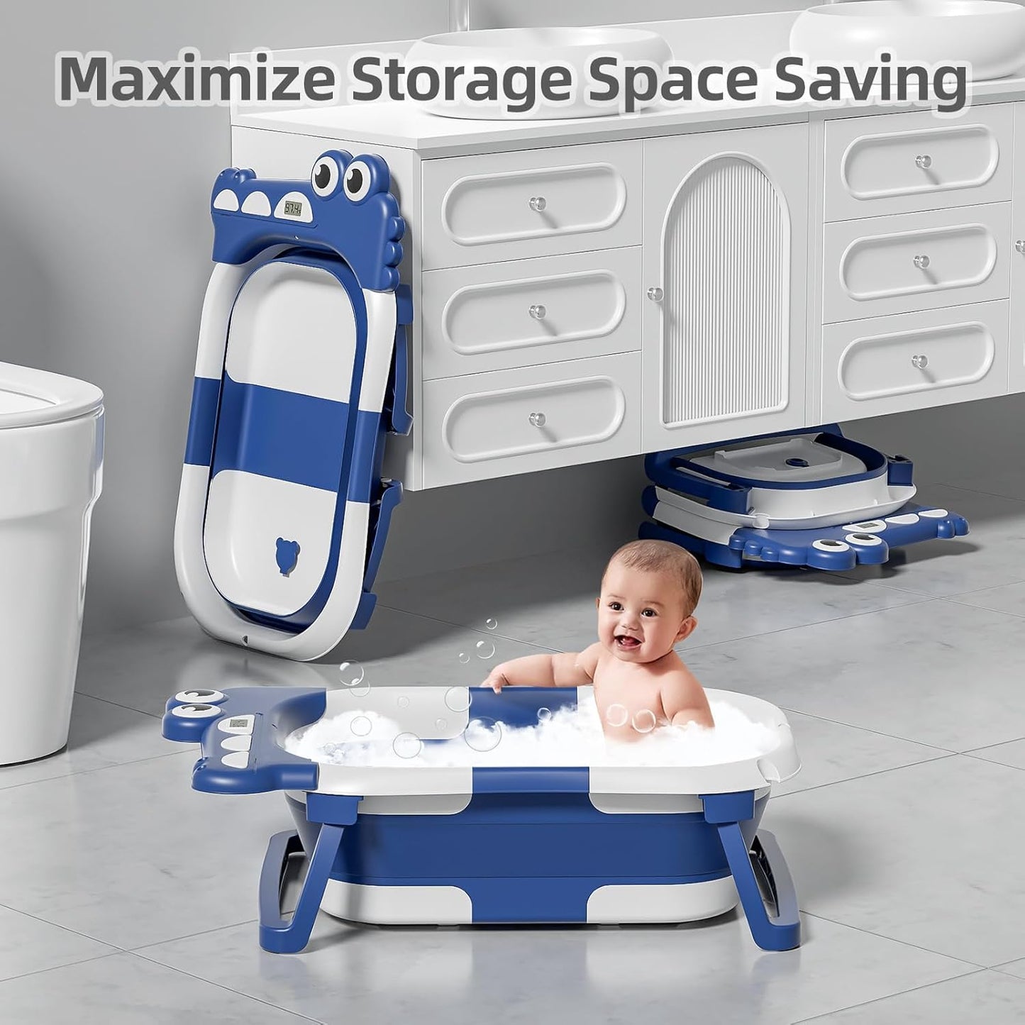 TPN Collapsible Baby Bathtub, Baby Bath Tub with Soft Cushion & Real-Time Thermometer, Baby Bathtub Infant to Toddler Tub (0-36 Months), Portable Newborn Travel Bath tub