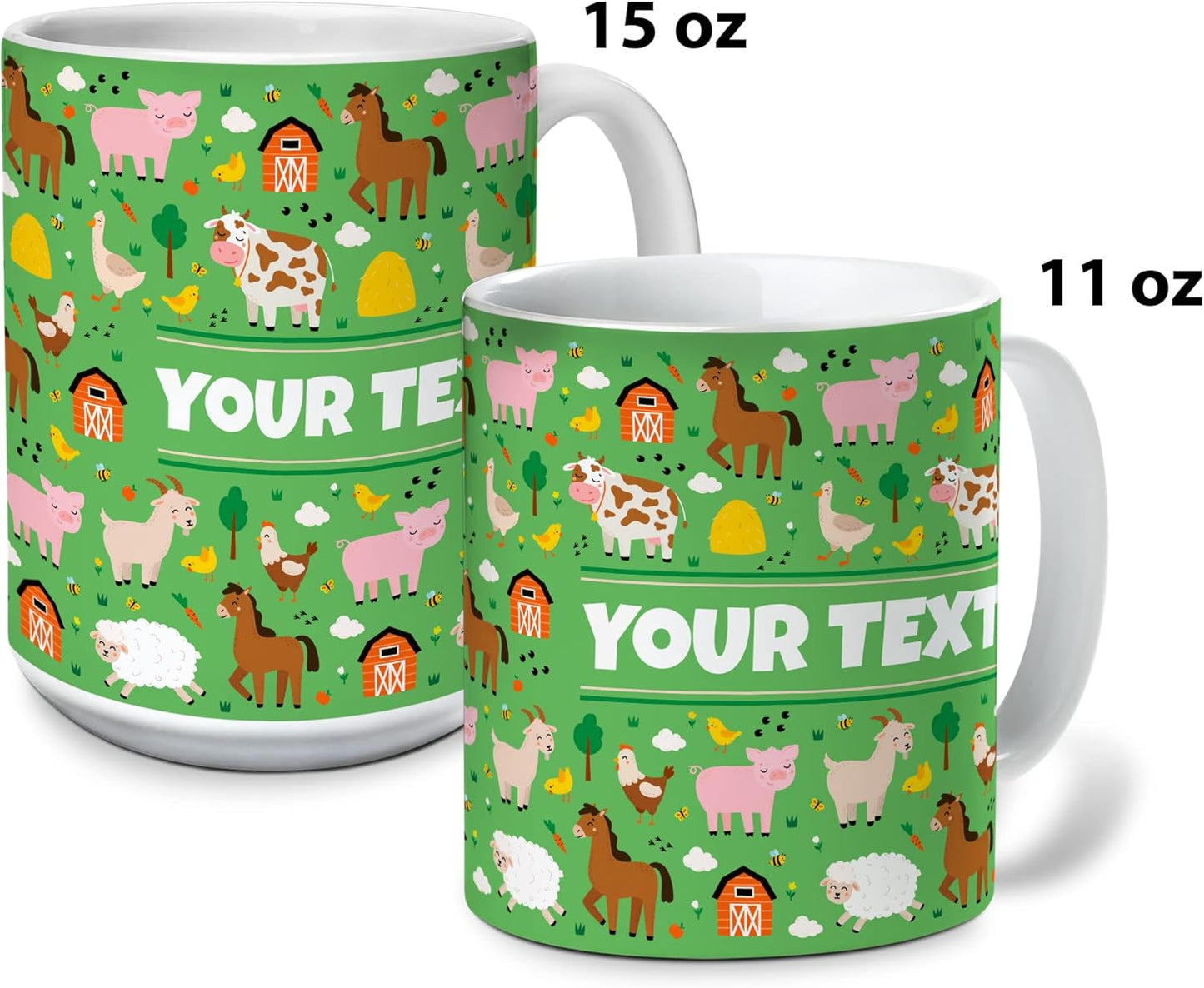 Personalized Mug for Kids - Farm Animals - Custom Name/Text, Ceramic Hot Chocolate/Cocoa/Coffee Cup for Boys/Girls, Birthday/Christmas/Holiday Gift - 15 oz, Red Handle
