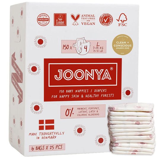 Joonya Baby Diapers, Size 4 L (15-31 lb) - 6 Bags of 25 (150) - New Range - NonToxic, Eco-Friendly, Ultra Slim, Overnight Use - Made in Denmark