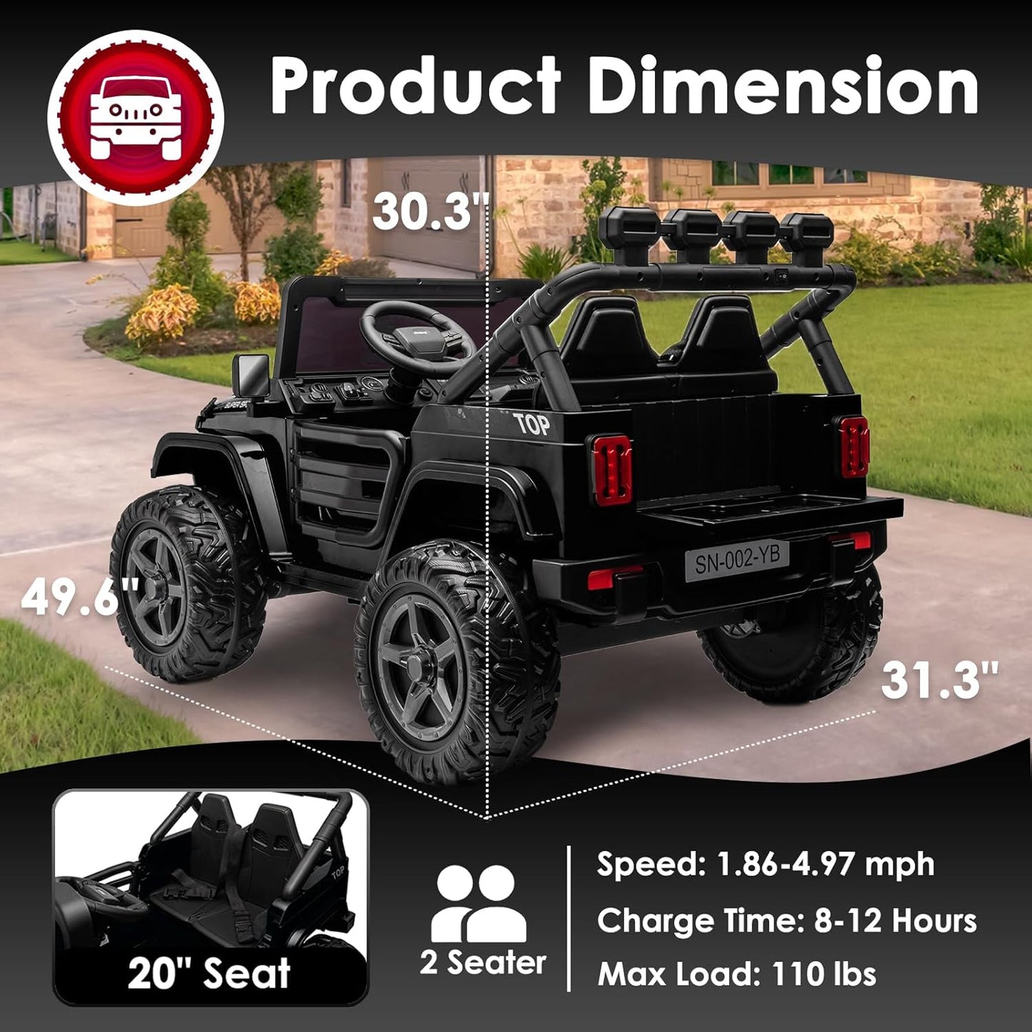 24V 2 Seater Ride On Truck with Remote Control 4WD Electric Car for Kids Ride On Car Battery Powered Ride On Toy Car with Music Player, LED Lights, Bluetooth, Rear Shock Absorber, Black
