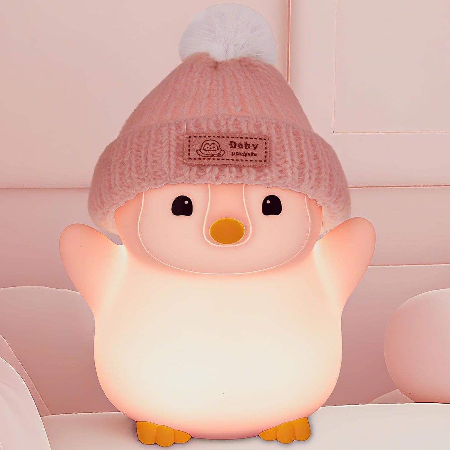 Penguin Night Light, Cute Pink Penguin Lamp with Knit Hat, Soft Silicone Nursery Nightlight for Baby, Rechargeable/Dimmable/Timer,LED Squishy Novelty Animal Bedside Lamp,Funny Gifts for Kids