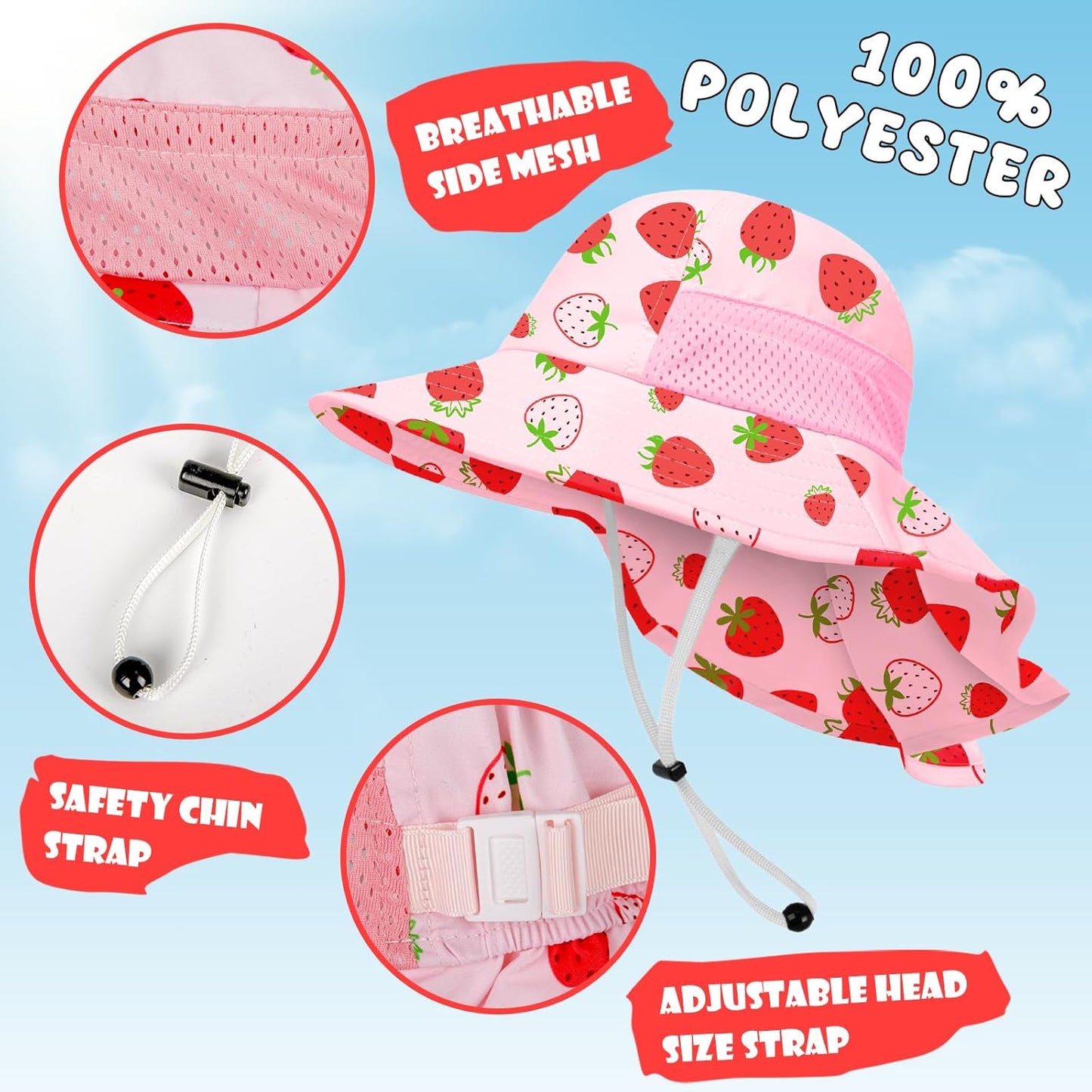 Toddler Baby Sun Hat Kids Summer UPF 50+ for Boys Girls Adjustable Beach Hats with Bucket Wide Brim Age 1-7 Years